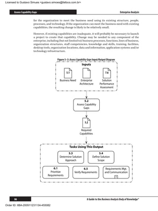 Licensed to Gustavo Simues gustavo.simoes@fattocs.com.br


      Assess Capability Gaps                                                                               Enterprise Analysis

                        for the organization to meet the business need using its existing structure, people,
                        processes, and technology. If the organization can meet the business need with existing
                        capabilities, the resulting change is likely to be relatively small.

                        However, if existing capabilities are inadequate, it will probably be necessary to launch
                        a project to create that capability. Change may be needed to any component of the
                        enterprise, including (but not limited to): business processes, functions, lines of business,
                        organization structures, staff competencies, knowledge and skills, training, facilities,
                        desktop tools, organization locations, data and information, application systems and/or
                        technology infrastructure.

                                             Figure 5–3: Assess Capability Gaps Input/Output Diagram
                                                                    Inputs

                                                     5.1                                   7.6

                                               Business Need       Enterprise          Solution
                                                                  Architecture       Performance
                                                                                     Assessment



                                                                      5.2
                                                               Assess Capability
                                                                     Gaps



                                                                       5.2

                                                                   Required
                                                                  Capabilities



                                                        Tasks Using This Output

                                                      5.3                         5.4
                                               Determine Solution             Deﬁne Solution
                                                   Approach                      Scope

                                         6.1                          6.5                  Requirements Mgt.
                                      Prioritize             Verify Requirements          and Communication
                                    Requirements                                                       +




      86                                                                 A Guide to the Business Analysis Body of Knowledge®

Order ID: IIBA-200911231134-455082
 