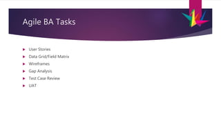 Agile BA Tasks
 User Stories
 Data Grid/Field Matrix
 Wireframes
 Gap Analysis
 Test Case Review
 UAT
 