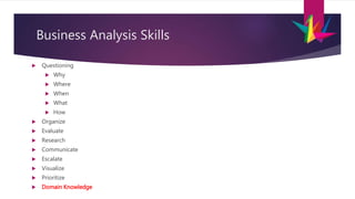 Business Analysis Skills
 Questioning
 Why
 Where
 When
 What
 How
 Organize
 Evaluate
 Research
 Communicate
 Escalate
 Visualize
 Prioritize
 Domain Knowledge
 