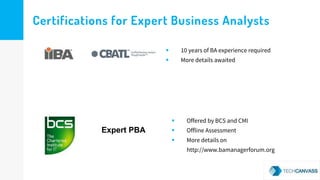 Certifications for Expert Business Analysts
 10 years of BA experience required
 More details awaited
 Offered by BCS and CMI
 Offline Assessment
 More details on
http://www.bamanagerforum.org
Expert PBA
 