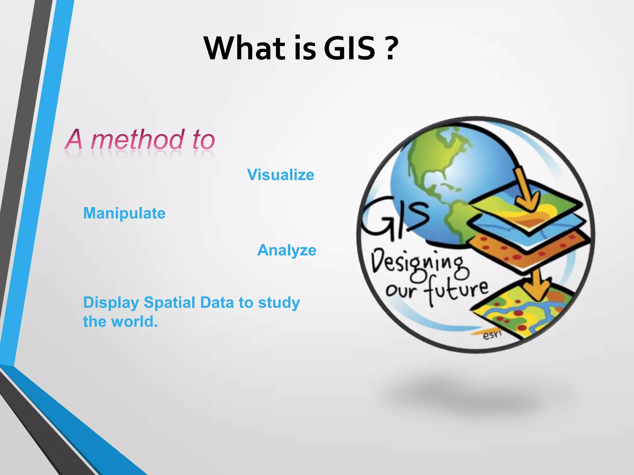 What is GIS ?
Visualize
Manipulate
Analyze
Display Spatial Data to study
the world.
 