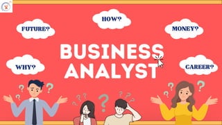 BUSINESS
ANALYST
WHY?
FUTURE?
HOW?
MONEY?
CAREER?
 