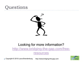 QuestionsLooking for more information? http://www.bridging-the-gap.com/free-resourceshttp://www.bridging-the-gap.com