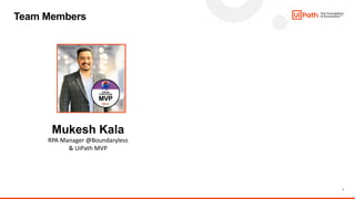 1
Team Members
Mukesh Kala
RPA Manager @Boundaryless
& UiPath MVP
 