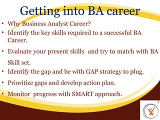 Getting into BA career
• Why Business Analyst Career?
• Identify the key skills required to a successful BA
Career.
• Evaluate your present skills and try to match with BA
Skill set.
• Identify the gap and be with GAP strategy to plug.
• Prioritize gaps and develop action plan.
• Monitor progress with SMART approach.

 