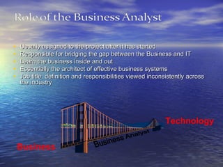 •
•
•
•
•

Usually assigned to the project after it has started
Responsible for bridging the gap between the Business and IT
Learn the business inside and out
Essentially the architect of effective business systems
Job title, definition and responsibilities viewed inconsistently across
the industry

Technology
Business

 