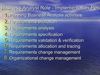 Business Analyst Role - Implementation Perio

1. Planning Business Analysis activities
2. Requirements elicitation
3. Requirements analysis
4. Requirements specification
5. Requirements validation & verification
6. Requirements allocation and tracing
7. Requirements change management
8. Organizational change management

 