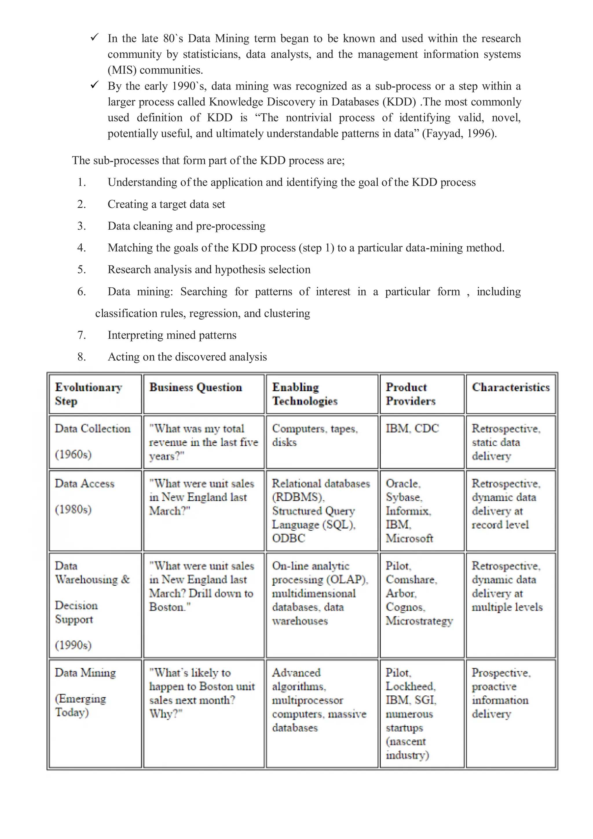  In the late 80`s Data Mining term began to be known and used within the research
community by statisticians, data analysts, and the management information systems
(MIS) communities.
 By the early 1990`s, data mining was recognized as a sub-process or a step within a
larger process called Knowledge Discovery in Databases (KDD) .The most commonly
used definition of KDD is “The nontrivial process of identifying valid, novel,
potentially useful, and ultimately understandable patterns in data” (Fayyad, 1996).
The sub-processes that form part of the KDD process are;
1. Understanding of the application and identifying the goal of the KDD process
2. Creating a target data set
3. Data cleaning and pre-processing
4. Matching the goals of the KDD process (step 1) to a particular data-mining method.
5. Research analysis and hypothesis selection
6. Data mining: Searching for patterns of interest in a particular form , including
classification rules, regression, and clustering
7. Interpreting mined patterns
8. Acting on the discovered analysis
 