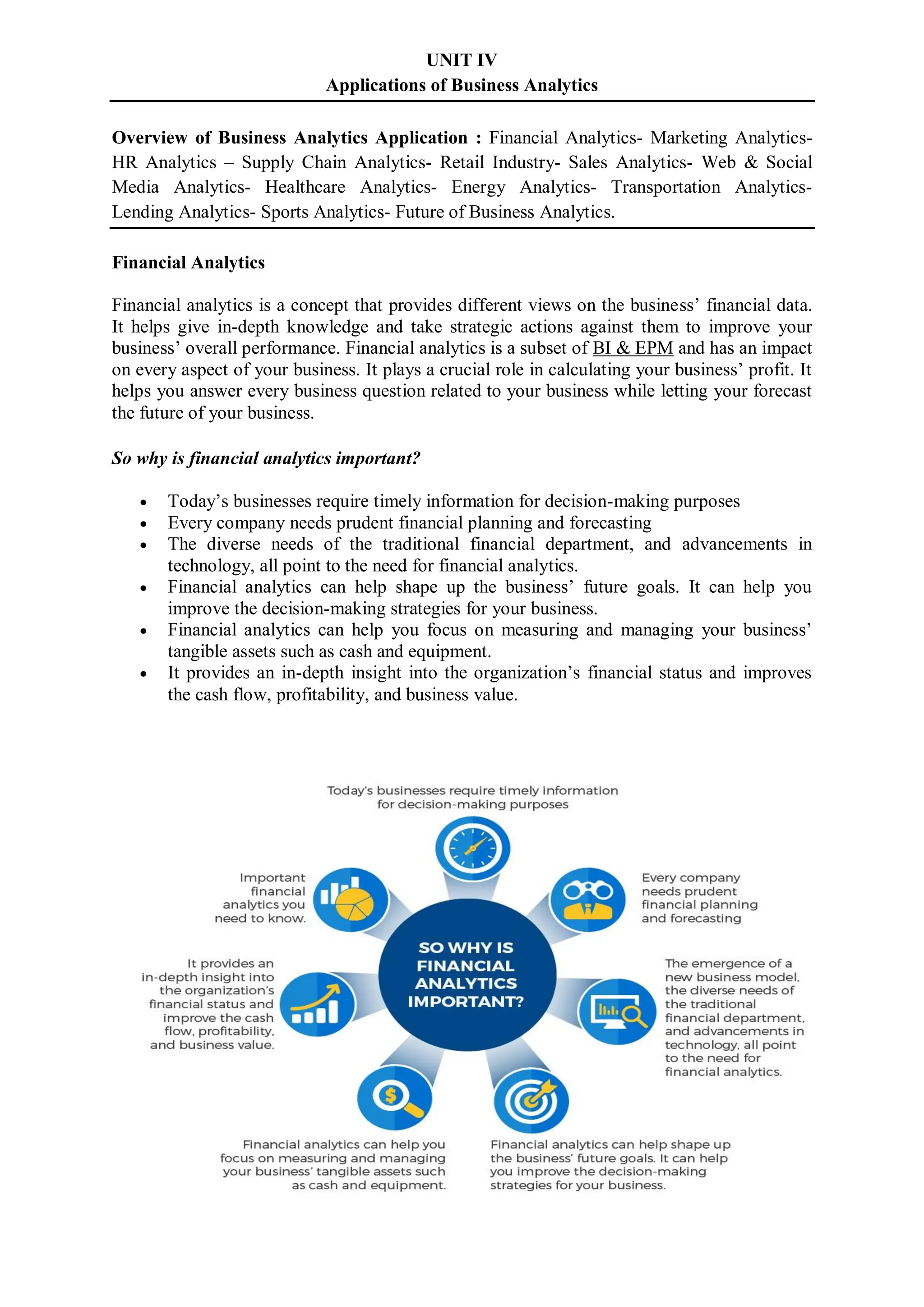 UNIT IV
Applications of Business Analytics
Overview of Business Analytics Application : Financial Analytics- Marketing Analytics-
HR Analytics – Supply Chain Analytics- Retail Industry- Sales Analytics- Web & Social
Media Analytics- Healthcare Analytics- Energy Analytics- Transportation Analytics-
Lending Analytics- Sports Analytics- Future of Business Analytics.
Financial Analytics
Financial analytics is a concept that provides different views on the business’ financial data.
It helps give in-depth knowledge and take strategic actions against them to improve your
business’ overall performance. Financial analytics is a subset of BI & EPM and has an impact
on every aspect of your business. It plays a crucial role in calculating your business’ profit. It
helps you answer every business question related to your business while letting your forecast
the future of your business.
So why is financial analytics important?
 Today’s businesses require timely information for decision-making purposes
 Every company needs prudent financial planning and forecasting
 The diverse needs of the traditional financial department, and advancements in
technology, all point to the need for financial analytics.
 Financial analytics can help shape up the business’ future goals. It can help you
improve the decision-making strategies for your business.
 Financial analytics can help you focus on measuring and managing your business’
tangible assets such as cash and equipment.
 It provides an in-depth insight into the organization’s financial status and improves
the cash flow, profitability, and business value.
 