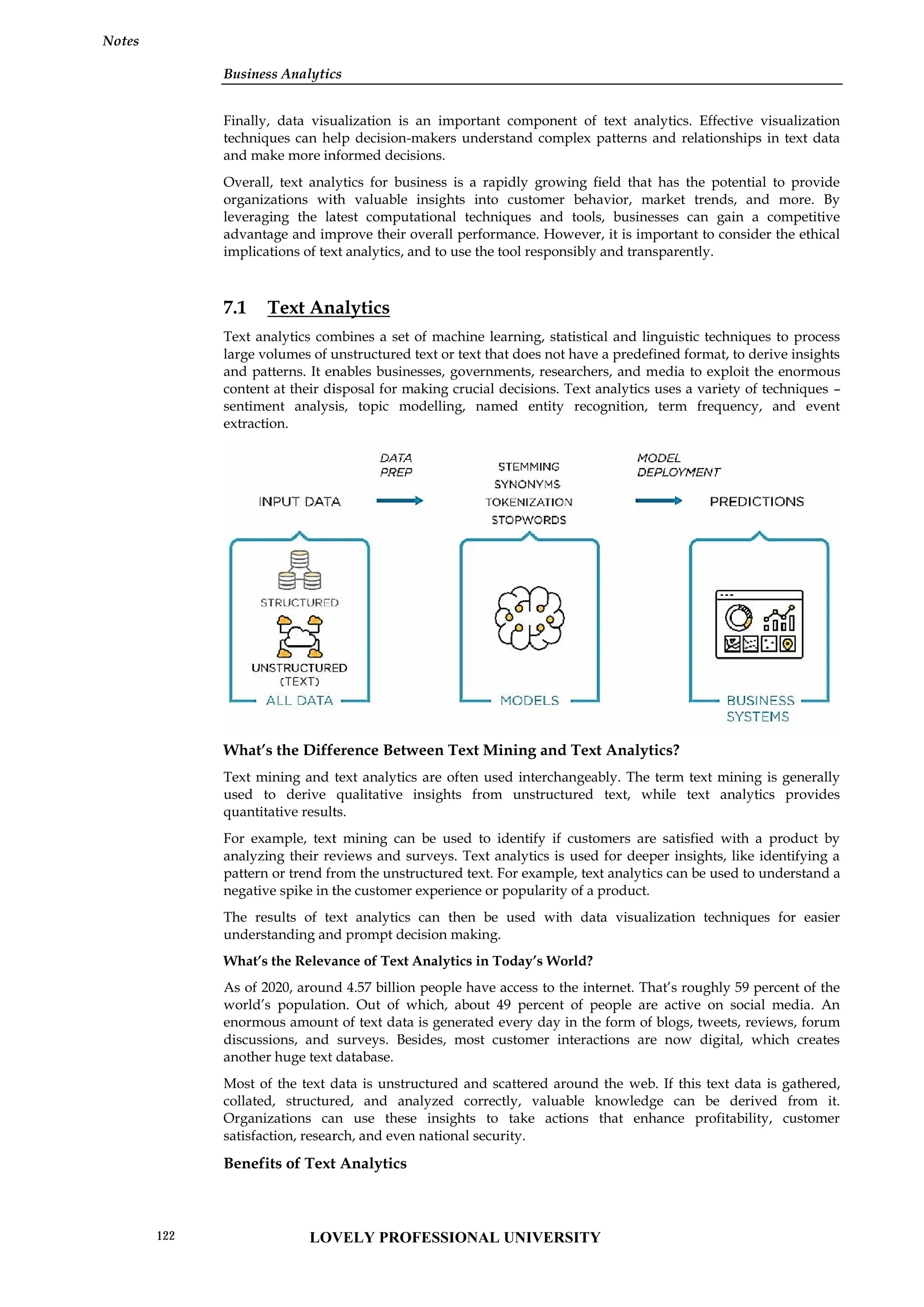 Business Analytics
Notes
Finally, data visualization is an important component of text analytics. Effective visualization
techniques can help decision-makers understand complex patterns and relationships in text data
and make more informed decisions.
Overall, text analytics for business is a rapidly growing field that has the potential to provide
organizations with valuable insights into customer behavior, market trends, and more. By
leveraging the latest computational techniques and tools, businesses can gain a competitive
advantage and improve their overall performance. However, it is important to consider the ethical
implications of text analytics, and to use the tool responsibly and transparently.
7.1 Text Analytics
Text analytics combines a set of machine learning, statistical and linguistic techniques to process
large volumes of unstructured text or text that does not have a predefined format, to derive insights
and patterns. It enables businesses, governments, researchers, and media to exploit the enormous
content at their disposal for making crucial decisions. Text analytics uses a variety of techniques –
sentiment analysis, topic modelling, named entity recognition, term frequency, and event
extraction.
What’s the Difference Between Text Mining and Text Analytics?
Text mining and text analytics are often used interchangeably. The term text mining is generally
used to derive qualitative insights from unstructured text, while text analytics provides
quantitative results.
For example, text mining can be used to identify if customers are satisfied with a product by
analyzing their reviews and surveys. Text analytics is used for deeper insights, like identifying a
pattern or trend from the unstructured text. For example, text analytics can be used to understand a
negative spike in the customer experience or popularity of a product.
The results of text analytics can then be used with data visualization techniques for easier
understanding and prompt decision making.
What’s the Relevance of Text Analytics in Today’s World?
As of 2020, around 4.57 billion people have access to the internet. That’s roughly 59 percent of the
world’s population. Out of which, about 49 percent of people are active on social media. An
enormous amount of text data is generated every day in the form of blogs, tweets, reviews, forum
discussions, and surveys. Besides, most customer interactions are now digital, which creates
another huge text database.
Most of the text data is unstructured and scattered around the web. If this text data is gathered,
collated, structured, and analyzed correctly, valuable knowledge can be derived from it.
Organizations can use these insights to take actions that enhance profitability, customer
satisfaction, research, and even national security.
Benefits of Text Analytics
Business Analytics
Notes
Finally, data visualization is an important component of text analytics. Effective visualization
techniques can help decision-makers understand complex patterns and relationships in text data
and make more informed decisions.
Overall, text analytics for business is a rapidly growing field that has the potential to provide
organizations with valuable insights into customer behavior, market trends, and more. By
leveraging the latest computational techniques and tools, businesses can gain a competitive
advantage and improve their overall performance. However, it is important to consider the ethical
implications of text analytics, and to use the tool responsibly and transparently.
7.1 Text Analytics
Text analytics combines a set of machine learning, statistical and linguistic techniques to process
large volumes of unstructured text or text that does not have a predefined format, to derive insights
and patterns. It enables businesses, governments, researchers, and media to exploit the enormous
content at their disposal for making crucial decisions. Text analytics uses a variety of techniques –
sentiment analysis, topic modelling, named entity recognition, term frequency, and event
extraction.
What’s the Difference Between Text Mining and Text Analytics?
Text mining and text analytics are often used interchangeably. The term text mining is generally
used to derive qualitative insights from unstructured text, while text analytics provides
quantitative results.
For example, text mining can be used to identify if customers are satisfied with a product by
analyzing their reviews and surveys. Text analytics is used for deeper insights, like identifying a
pattern or trend from the unstructured text. For example, text analytics can be used to understand a
negative spike in the customer experience or popularity of a product.
The results of text analytics can then be used with data visualization techniques for easier
understanding and prompt decision making.
What’s the Relevance of Text Analytics in Today’s World?
As of 2020, around 4.57 billion people have access to the internet. That’s roughly 59 percent of the
world’s population. Out of which, about 49 percent of people are active on social media. An
enormous amount of text data is generated every day in the form of blogs, tweets, reviews, forum
discussions, and surveys. Besides, most customer interactions are now digital, which creates
another huge text database.
Most of the text data is unstructured and scattered around the web. If this text data is gathered,
collated, structured, and analyzed correctly, valuable knowledge can be derived from it.
Organizations can use these insights to take actions that enhance profitability, customer
satisfaction, research, and even national security.
Benefits of Text Analytics
Business Analytics
Notes
Finally, data visualization is an important component of text analytics. Effective visualization
techniques can help decision-makers understand complex patterns and relationships in text data
and make more informed decisions.
Overall, text analytics for business is a rapidly growing field that has the potential to provide
organizations with valuable insights into customer behavior, market trends, and more. By
leveraging the latest computational techniques and tools, businesses can gain a competitive
advantage and improve their overall performance. However, it is important to consider the ethical
implications of text analytics, and to use the tool responsibly and transparently.
7.1 Text Analytics
Text analytics combines a set of machine learning, statistical and linguistic techniques to process
large volumes of unstructured text or text that does not have a predefined format, to derive insights
and patterns. It enables businesses, governments, researchers, and media to exploit the enormous
content at their disposal for making crucial decisions. Text analytics uses a variety of techniques –
sentiment analysis, topic modelling, named entity recognition, term frequency, and event
extraction.
What’s the Difference Between Text Mining and Text Analytics?
Text mining and text analytics are often used interchangeably. The term text mining is generally
used to derive qualitative insights from unstructured text, while text analytics provides
quantitative results.
For example, text mining can be used to identify if customers are satisfied with a product by
analyzing their reviews and surveys. Text analytics is used for deeper insights, like identifying a
pattern or trend from the unstructured text. For example, text analytics can be used to understand a
negative spike in the customer experience or popularity of a product.
The results of text analytics can then be used with data visualization techniques for easier
understanding and prompt decision making.
What’s the Relevance of Text Analytics in Today’s World?
As of 2020, around 4.57 billion people have access to the internet. That’s roughly 59 percent of the
world’s population. Out of which, about 49 percent of people are active on social media. An
enormous amount of text data is generated every day in the form of blogs, tweets, reviews, forum
discussions, and surveys. Besides, most customer interactions are now digital, which creates
another huge text database.
Most of the text data is unstructured and scattered around the web. If this text data is gathered,
collated, structured, and analyzed correctly, valuable knowledge can be derived from it.
Organizations can use these insights to take actions that enhance profitability, customer
satisfaction, research, and even national security.
Benefits of Text Analytics
LOVELY PROFESSIONAL UNIVERSITY
122
 