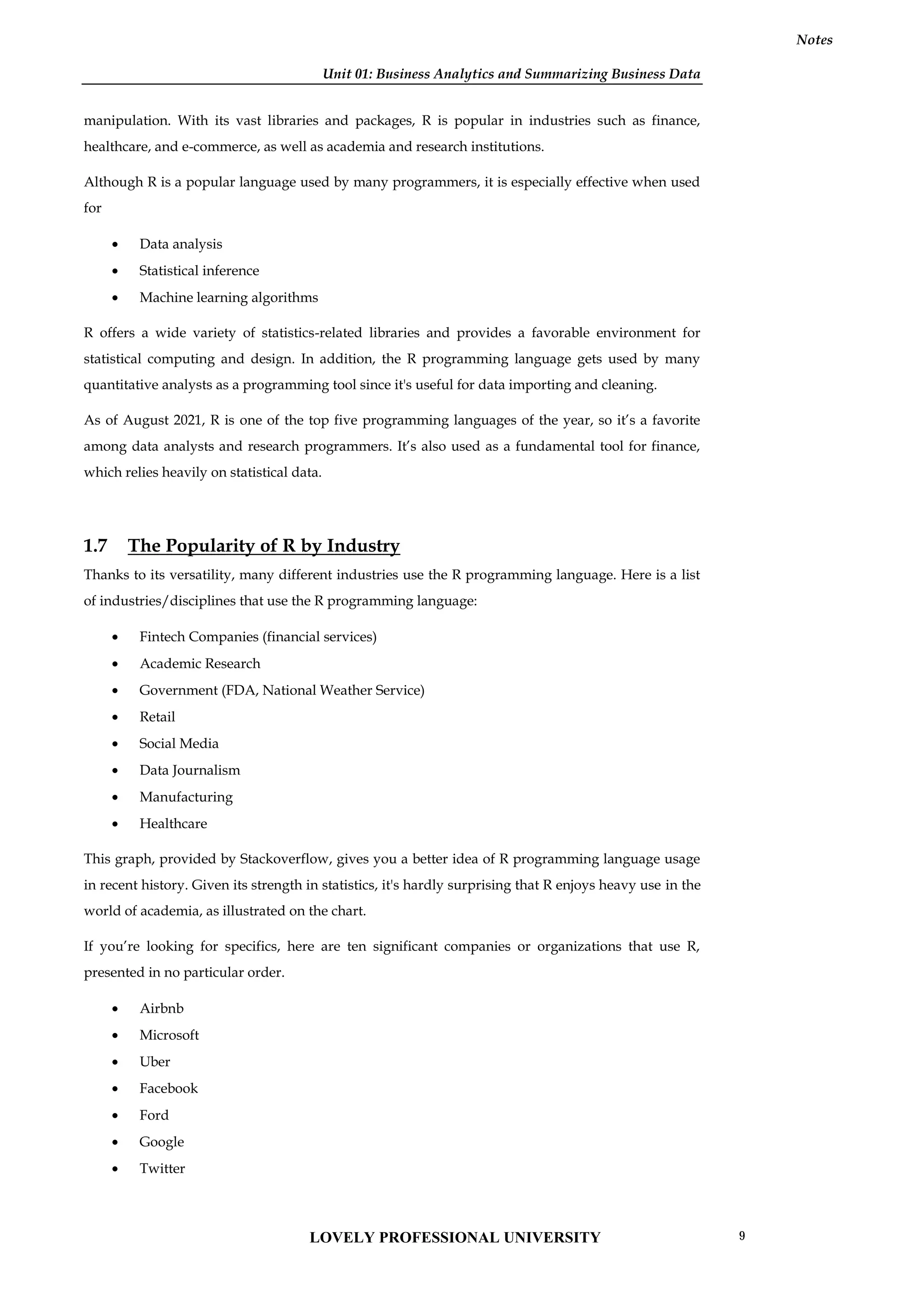 Unit 01: Business Analytics and Summarizing Business Data
Notes
manipulation. With its vast libraries and packages, R is popular in industries such as finance,
healthcare, and e-commerce, as well as academia and research institutions.
Although R is a popular language used by many programmers, it is especially effective when used
for
 Data analysis
 Statistical inference
 Machine learning algorithms
R offers a wide variety of statistics-related libraries and provides a favorable environment for
statistical computing and design. In addition, the R programming language gets used by many
quantitative analysts as a programming tool since it's useful for data importing and cleaning.
As of August 2021, R is one of the top five programming languages of the year, so it’s a favorite
among data analysts and research programmers. It’s also used as a fundamental tool for finance,
which relies heavily on statistical data.
1.7 The Popularity of R by Industry
Thanks to its versatility, many different industries use the R programming language. Here is a list
of industries/disciplines that use the R programming language:
 Fintech Companies (financial services)
 Academic Research
 Government (FDA, National Weather Service)
 Retail
 Social Media
 Data Journalism
 Manufacturing
 Healthcare
This graph, provided by Stackoverflow, gives you a better idea of R programming language usage
in recent history. Given its strength in statistics, it's hardly surprising that R enjoys heavy use in the
world of academia, as illustrated on the chart.
If you’re looking for specifics, here are ten significant companies or organizations that use R,
presented in no particular order.
 Airbnb
 Microsoft
 Uber
 Facebook
 Ford
 Google
 Twitter
LOVELY PROFESSIONAL UNIVERSITY 9
 