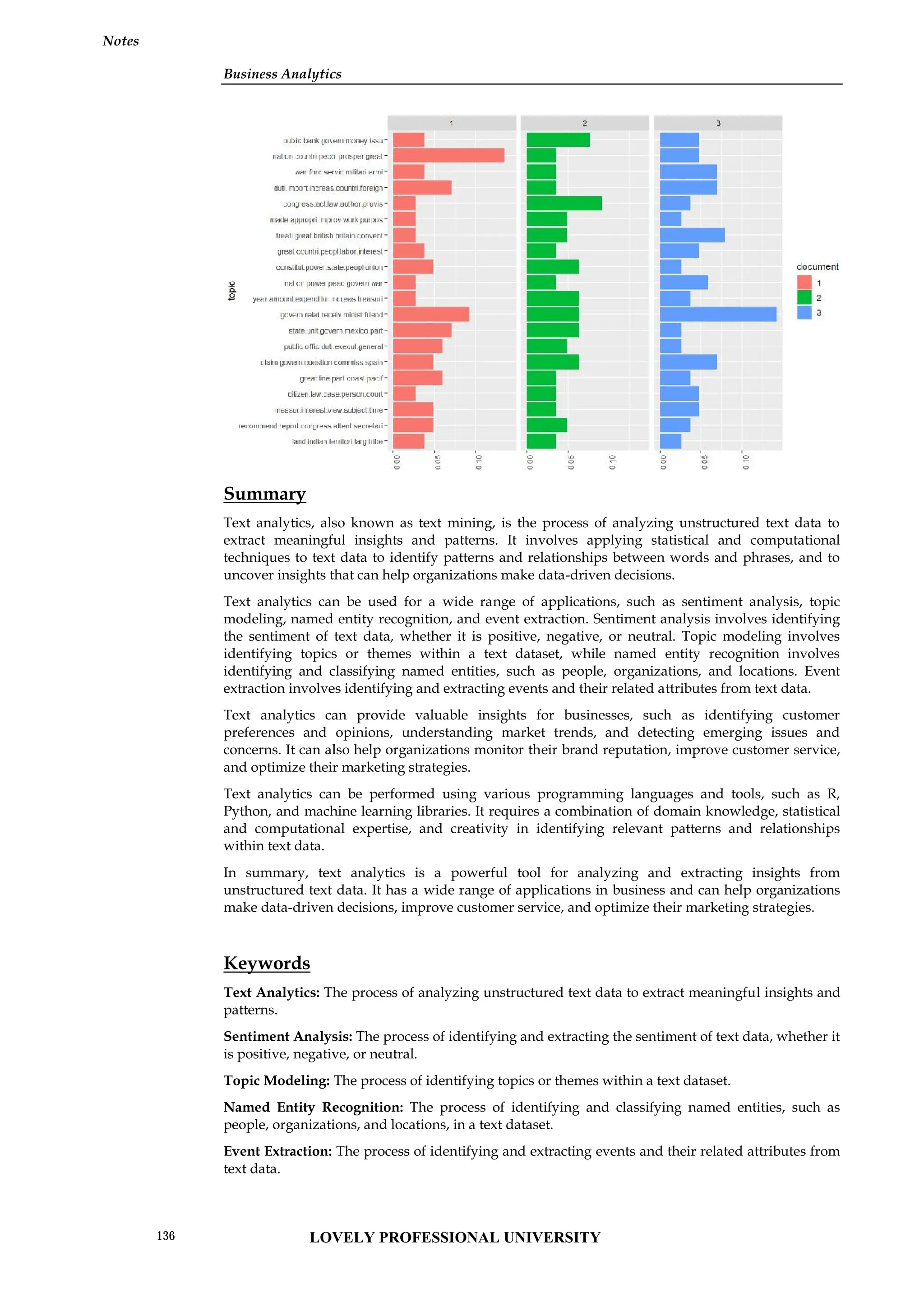Business Analytics
Notes
Summary
Text analytics, also known as text mining, is the process of analyzing unstructured text data to
extract meaningful insights and patterns. It involves applying statistical and computational
techniques to text data to identify patterns and relationships between words and phrases, and to
uncover insights that can help organizations make data-driven decisions.
Text analytics can be used for a wide range of applications, such as sentiment analysis, topic
modeling, named entity recognition, and event extraction. Sentiment analysis involves identifying
the sentiment of text data, whether it is positive, negative, or neutral. Topic modeling involves
identifying topics or themes within a text dataset, while named entity recognition involves
identifying and classifying named entities, such as people, organizations, and locations. Event
extraction involves identifying and extracting events and their related attributes from text data.
Text analytics can provide valuable insights for businesses, such as identifying customer
preferences and opinions, understanding market trends, and detecting emerging issues and
concerns. It can also help organizations monitor their brand reputation, improve customer service,
and optimize their marketing strategies.
Text analytics can be performed using various programming languages and tools, such as R,
Python, and machine learning libraries. It requires a combination of domain knowledge, statistical
and computational expertise, and creativity in identifying relevant patterns and relationships
within text data.
In summary, text analytics is a powerful tool for analyzing and extracting insights from
unstructured text data. It has a wide range of applications in business and can help organizations
make data-driven decisions, improve customer service, and optimize their marketing strategies.
Keywords
Text Analytics: The process of analyzing unstructured text data to extract meaningful insights and
patterns.
Sentiment Analysis: The process of identifying and extracting the sentiment of text data, whether it
is positive, negative, or neutral.
Topic Modeling: The process of identifying topics or themes within a text dataset.
Named Entity Recognition: The process of identifying and classifying named entities, such as
people, organizations, and locations, in a text dataset.
Event Extraction: The process of identifying and extracting events and their related attributes from
text data.
Business Analytics
Notes
Summary
Text analytics, also known as text mining, is the process of analyzing unstructured text data to
extract meaningful insights and patterns. It involves applying statistical and computational
techniques to text data to identify patterns and relationships between words and phrases, and to
uncover insights that can help organizations make data-driven decisions.
Text analytics can be used for a wide range of applications, such as sentiment analysis, topic
modeling, named entity recognition, and event extraction. Sentiment analysis involves identifying
the sentiment of text data, whether it is positive, negative, or neutral. Topic modeling involves
identifying topics or themes within a text dataset, while named entity recognition involves
identifying and classifying named entities, such as people, organizations, and locations. Event
extraction involves identifying and extracting events and their related attributes from text data.
Text analytics can provide valuable insights for businesses, such as identifying customer
preferences and opinions, understanding market trends, and detecting emerging issues and
concerns. It can also help organizations monitor their brand reputation, improve customer service,
and optimize their marketing strategies.
Text analytics can be performed using various programming languages and tools, such as R,
Python, and machine learning libraries. It requires a combination of domain knowledge, statistical
and computational expertise, and creativity in identifying relevant patterns and relationships
within text data.
In summary, text analytics is a powerful tool for analyzing and extracting insights from
unstructured text data. It has a wide range of applications in business and can help organizations
make data-driven decisions, improve customer service, and optimize their marketing strategies.
Keywords
Text Analytics: The process of analyzing unstructured text data to extract meaningful insights and
patterns.
Sentiment Analysis: The process of identifying and extracting the sentiment of text data, whether it
is positive, negative, or neutral.
Topic Modeling: The process of identifying topics or themes within a text dataset.
Named Entity Recognition: The process of identifying and classifying named entities, such as
people, organizations, and locations, in a text dataset.
Event Extraction: The process of identifying and extracting events and their related attributes from
text data.
Business Analytics
Notes
Summary
Text analytics, also known as text mining, is the process of analyzing unstructured text data to
extract meaningful insights and patterns. It involves applying statistical and computational
techniques to text data to identify patterns and relationships between words and phrases, and to
uncover insights that can help organizations make data-driven decisions.
Text analytics can be used for a wide range of applications, such as sentiment analysis, topic
modeling, named entity recognition, and event extraction. Sentiment analysis involves identifying
the sentiment of text data, whether it is positive, negative, or neutral. Topic modeling involves
identifying topics or themes within a text dataset, while named entity recognition involves
identifying and classifying named entities, such as people, organizations, and locations. Event
extraction involves identifying and extracting events and their related attributes from text data.
Text analytics can provide valuable insights for businesses, such as identifying customer
preferences and opinions, understanding market trends, and detecting emerging issues and
concerns. It can also help organizations monitor their brand reputation, improve customer service,
and optimize their marketing strategies.
Text analytics can be performed using various programming languages and tools, such as R,
Python, and machine learning libraries. It requires a combination of domain knowledge, statistical
and computational expertise, and creativity in identifying relevant patterns and relationships
within text data.
In summary, text analytics is a powerful tool for analyzing and extracting insights from
unstructured text data. It has a wide range of applications in business and can help organizations
make data-driven decisions, improve customer service, and optimize their marketing strategies.
Keywords
Text Analytics: The process of analyzing unstructured text data to extract meaningful insights and
patterns.
Sentiment Analysis: The process of identifying and extracting the sentiment of text data, whether it
is positive, negative, or neutral.
Topic Modeling: The process of identifying topics or themes within a text dataset.
Named Entity Recognition: The process of identifying and classifying named entities, such as
people, organizations, and locations, in a text dataset.
Event Extraction: The process of identifying and extracting events and their related attributes from
text data.
LOVELY PROFESSIONAL UNIVERSITY
136
 