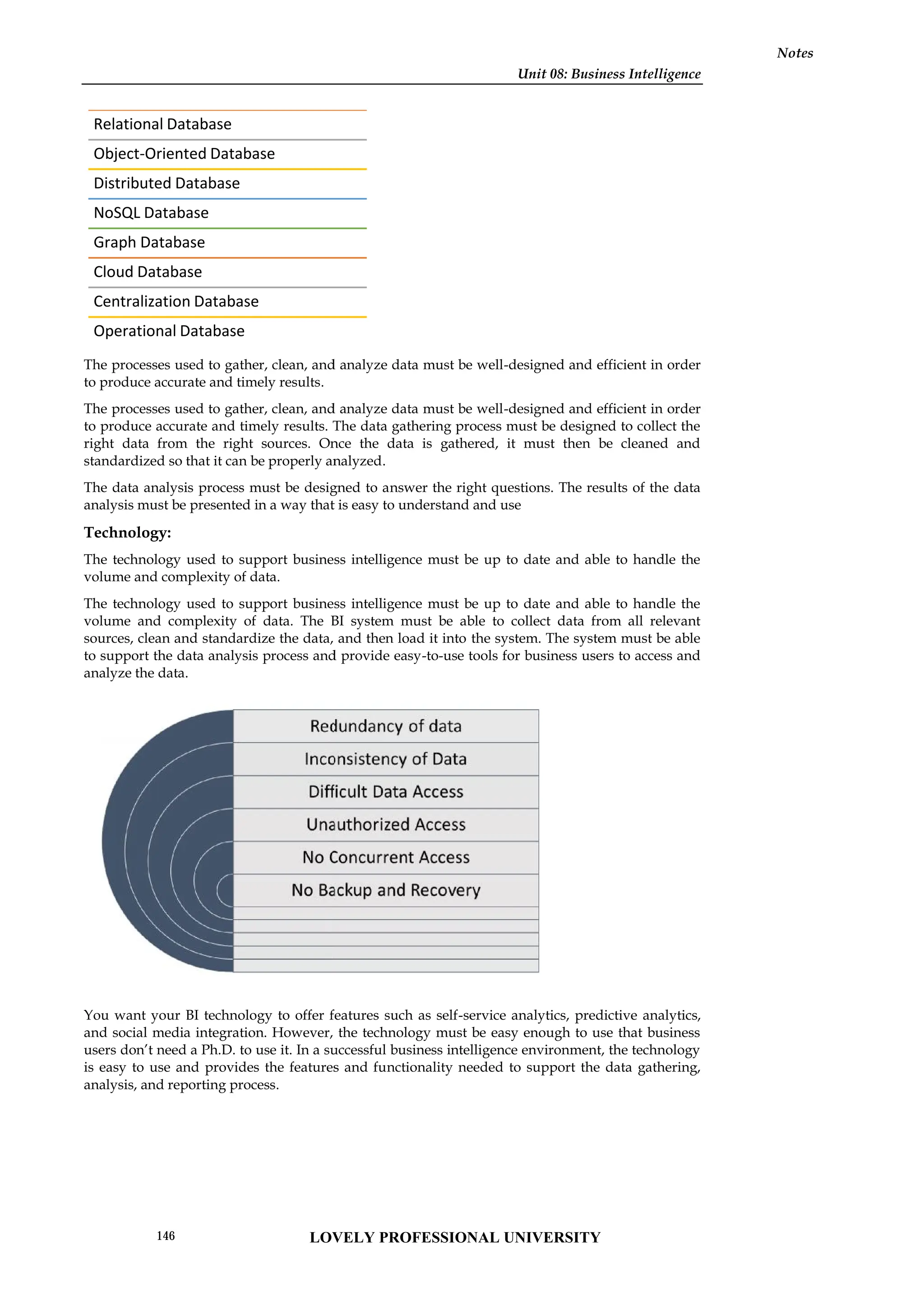 Unit 08: Business Intelligence
Notes
The processes used to gather, clean, and analyze data must be well-designed and efficient in order
to produce accurate and timely results.
The processes used to gather, clean, and analyze data must be well-designed and efficient in order
to produce accurate and timely results. The data gathering process must be designed to collect the
right data from the right sources. Once the data is gathered, it must then be cleaned and
standardized so that it can be properly analyzed.
The data analysis process must be designed to answer the right questions. The results of the data
analysis must be presented in a way that is easy to understand and use
Technology:
The technology used to support business intelligence must be up to date and able to handle the
volume and complexity of data.
The technology used to support business intelligence must be up to date and able to handle the
volume and complexity of data. The BI system must be able to collect data from all relevant
sources, clean and standardize the data, and then load it into the system. The system must be able
to support the data analysis process and provide easy-to-use tools for business users to access and
analyze the data.
You want your BI technology to offer features such as self-service analytics, predictive analytics,
and social media integration. However, the technology must be easy enough to use that business
users don’t need a Ph.D. to use it. In a successful business intelligence environment, the technology
is easy to use and provides the features and functionality needed to support the data gathering,
analysis, and reporting process.
Relational Database
Object-Oriented Database
Distributed Database
NoSQL Database
Graph Database
Cloud Database
Centralization Database
Operational Database
Unit 08: Business Intelligence
Notes
The processes used to gather, clean, and analyze data must be well-designed and efficient in order
to produce accurate and timely results.
The processes used to gather, clean, and analyze data must be well-designed and efficient in order
to produce accurate and timely results. The data gathering process must be designed to collect the
right data from the right sources. Once the data is gathered, it must then be cleaned and
standardized so that it can be properly analyzed.
The data analysis process must be designed to answer the right questions. The results of the data
analysis must be presented in a way that is easy to understand and use
Technology:
The technology used to support business intelligence must be up to date and able to handle the
volume and complexity of data.
The technology used to support business intelligence must be up to date and able to handle the
volume and complexity of data. The BI system must be able to collect data from all relevant
sources, clean and standardize the data, and then load it into the system. The system must be able
to support the data analysis process and provide easy-to-use tools for business users to access and
analyze the data.
You want your BI technology to offer features such as self-service analytics, predictive analytics,
and social media integration. However, the technology must be easy enough to use that business
users don’t need a Ph.D. to use it. In a successful business intelligence environment, the technology
is easy to use and provides the features and functionality needed to support the data gathering,
analysis, and reporting process.
Unit 08: Business Intelligence
Notes
The processes used to gather, clean, and analyze data must be well-designed and efficient in order
to produce accurate and timely results.
The processes used to gather, clean, and analyze data must be well-designed and efficient in order
to produce accurate and timely results. The data gathering process must be designed to collect the
right data from the right sources. Once the data is gathered, it must then be cleaned and
standardized so that it can be properly analyzed.
The data analysis process must be designed to answer the right questions. The results of the data
analysis must be presented in a way that is easy to understand and use
Technology:
The technology used to support business intelligence must be up to date and able to handle the
volume and complexity of data.
The technology used to support business intelligence must be up to date and able to handle the
volume and complexity of data. The BI system must be able to collect data from all relevant
sources, clean and standardize the data, and then load it into the system. The system must be able
to support the data analysis process and provide easy-to-use tools for business users to access and
analyze the data.
You want your BI technology to offer features such as self-service analytics, predictive analytics,
and social media integration. However, the technology must be easy enough to use that business
users don’t need a Ph.D. to use it. In a successful business intelligence environment, the technology
is easy to use and provides the features and functionality needed to support the data gathering,
analysis, and reporting process.
LOVELY PROFESSIONAL UNIVERSITY
146
 