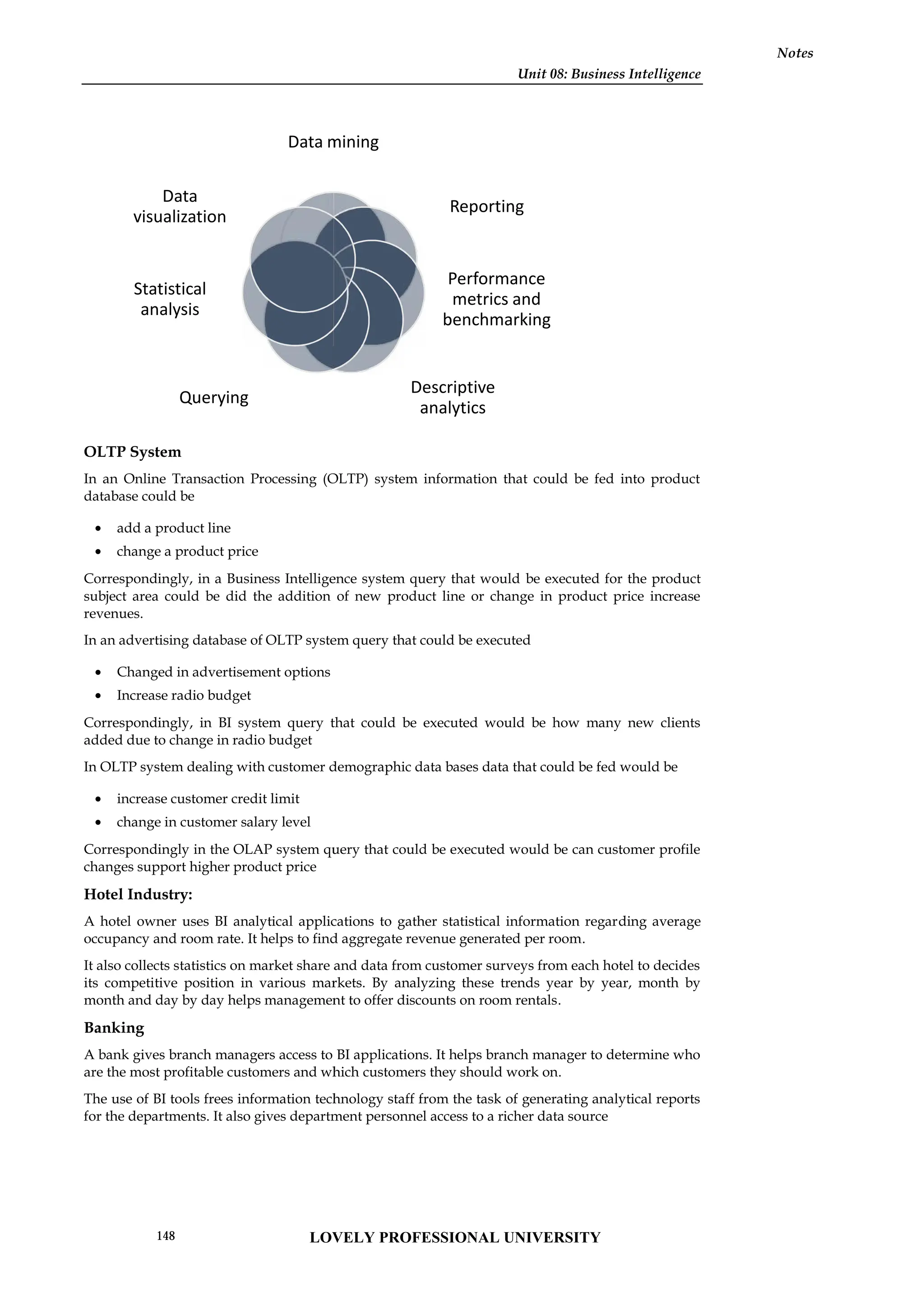 Unit 08: Business Intelligence
Notes
OLTP System
In an Online Transaction Processing (OLTP) system information that could be fed into product
database could be
 add a product line
 change a product price
Correspondingly, in a Business Intelligence system query that would be executed for the product
subject area could be did the addition of new product line or change in product price increase
revenues.
In an advertising database of OLTP system query that could be executed
 Changed in advertisement options
 Increase radio budget
Correspondingly, in BI system query that could be executed would be how many new clients
added due to change in radio budget
In OLTP system dealing with customer demographic data bases data that could be fed would be
 increase customer credit limit
 change in customer salary level
Correspondingly in the OLAP system query that could be executed would be can customer profile
changes support higher product price
Hotel Industry:
A hotel owner uses BI analytical applications to gather statistical information regarding average
occupancy and room rate. It helps to find aggregate revenue generated per room.
It also collects statistics on market share and data from customer surveys from each hotel to decides
its competitive position in various markets. By analyzing these trends year by year, month by
month and day by day helps management to offer discounts on room rentals.
Banking
A bank gives branch managers access to BI applications. It helps branch manager to determine who
are the most profitable customers and which customers they should work on.
The use of BI tools frees information technology staff from the task of generating analytical reports
for the departments. It also gives department personnel access to a richer data source
Data mining
Querying
Statistical
analysis
Data
visualization
Unit 08: Business Intelligence
Notes
OLTP System
In an Online Transaction Processing (OLTP) system information that could be fed into product
database could be
 add a product line
 change a product price
Correspondingly, in a Business Intelligence system query that would be executed for the product
subject area could be did the addition of new product line or change in product price increase
revenues.
In an advertising database of OLTP system query that could be executed
 Changed in advertisement options
 Increase radio budget
Correspondingly, in BI system query that could be executed would be how many new clients
added due to change in radio budget
In OLTP system dealing with customer demographic data bases data that could be fed would be
 increase customer credit limit
 change in customer salary level
Correspondingly in the OLAP system query that could be executed would be can customer profile
changes support higher product price
Hotel Industry:
A hotel owner uses BI analytical applications to gather statistical information regarding average
occupancy and room rate. It helps to find aggregate revenue generated per room.
It also collects statistics on market share and data from customer surveys from each hotel to decides
its competitive position in various markets. By analyzing these trends year by year, month by
month and day by day helps management to offer discounts on room rentals.
Banking
A bank gives branch managers access to BI applications. It helps branch manager to determine who
are the most profitable customers and which customers they should work on.
The use of BI tools frees information technology staff from the task of generating analytical reports
for the departments. It also gives department personnel access to a richer data source
Data mining
Reporting
Performance
metrics and
benchmarking
Descriptive
analytics
Unit 08: Business Intelligence
Notes
OLTP System
In an Online Transaction Processing (OLTP) system information that could be fed into product
database could be
 add a product line
 change a product price
Correspondingly, in a Business Intelligence system query that would be executed for the product
subject area could be did the addition of new product line or change in product price increase
revenues.
In an advertising database of OLTP system query that could be executed
 Changed in advertisement options
 Increase radio budget
Correspondingly, in BI system query that could be executed would be how many new clients
added due to change in radio budget
In OLTP system dealing with customer demographic data bases data that could be fed would be
 increase customer credit limit
 change in customer salary level
Correspondingly in the OLAP system query that could be executed would be can customer profile
changes support higher product price
Hotel Industry:
A hotel owner uses BI analytical applications to gather statistical information regarding average
occupancy and room rate. It helps to find aggregate revenue generated per room.
It also collects statistics on market share and data from customer surveys from each hotel to decides
its competitive position in various markets. By analyzing these trends year by year, month by
month and day by day helps management to offer discounts on room rentals.
Banking
A bank gives branch managers access to BI applications. It helps branch manager to determine who
are the most profitable customers and which customers they should work on.
The use of BI tools frees information technology staff from the task of generating analytical reports
for the departments. It also gives department personnel access to a richer data source
LOVELY PROFESSIONAL UNIVERSITY
148
 