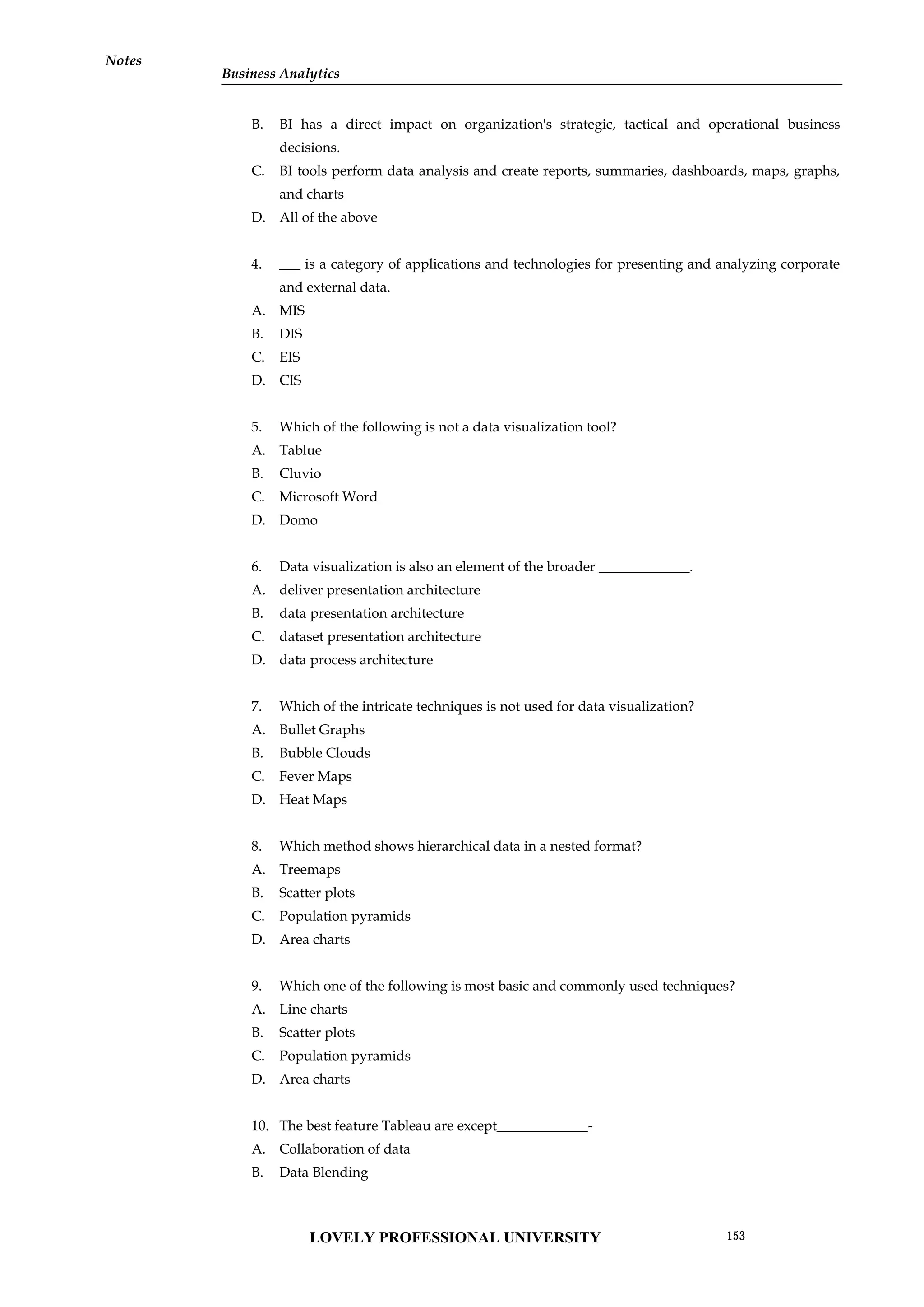 Notes
B. BI has a direct impact on organization's strategic, tactical and operational business
decisions.
C. BI tools perform data analysis and create reports, summaries, dashboards, maps, graphs,
and charts
D. All of the above
4. ___ is a category of applications and technologies for presenting and analyzing corporate
and external data.
A. MIS
B. DIS
C. EIS
D. CIS
5. Which of the following is not a data visualization tool?
A. Tablue
B. Cluvio
C. Microsoft Word
D. Domo
6. Data visualization is also an element of the broader _____________.
A. deliver presentation architecture
B. data presentation architecture
C. dataset presentation architecture
D. data process architecture
7. Which of the intricate techniques is not used for data visualization?
A. Bullet Graphs
B. Bubble Clouds
C. Fever Maps
D. Heat Maps
8. Which method shows hierarchical data in a nested format?
A. Treemaps
B. Scatter plots
C. Population pyramids
D. Area charts
9. Which one of the following is most basic and commonly used techniques?
A. Line charts
B. Scatter plots
C. Population pyramids
D. Area charts
10. The best feature Tableau are except_____________-
A. Collaboration of data
B. Data Blending
LOVELY PROFESSIONAL UNIVERSITY 153
Business Analytics
 