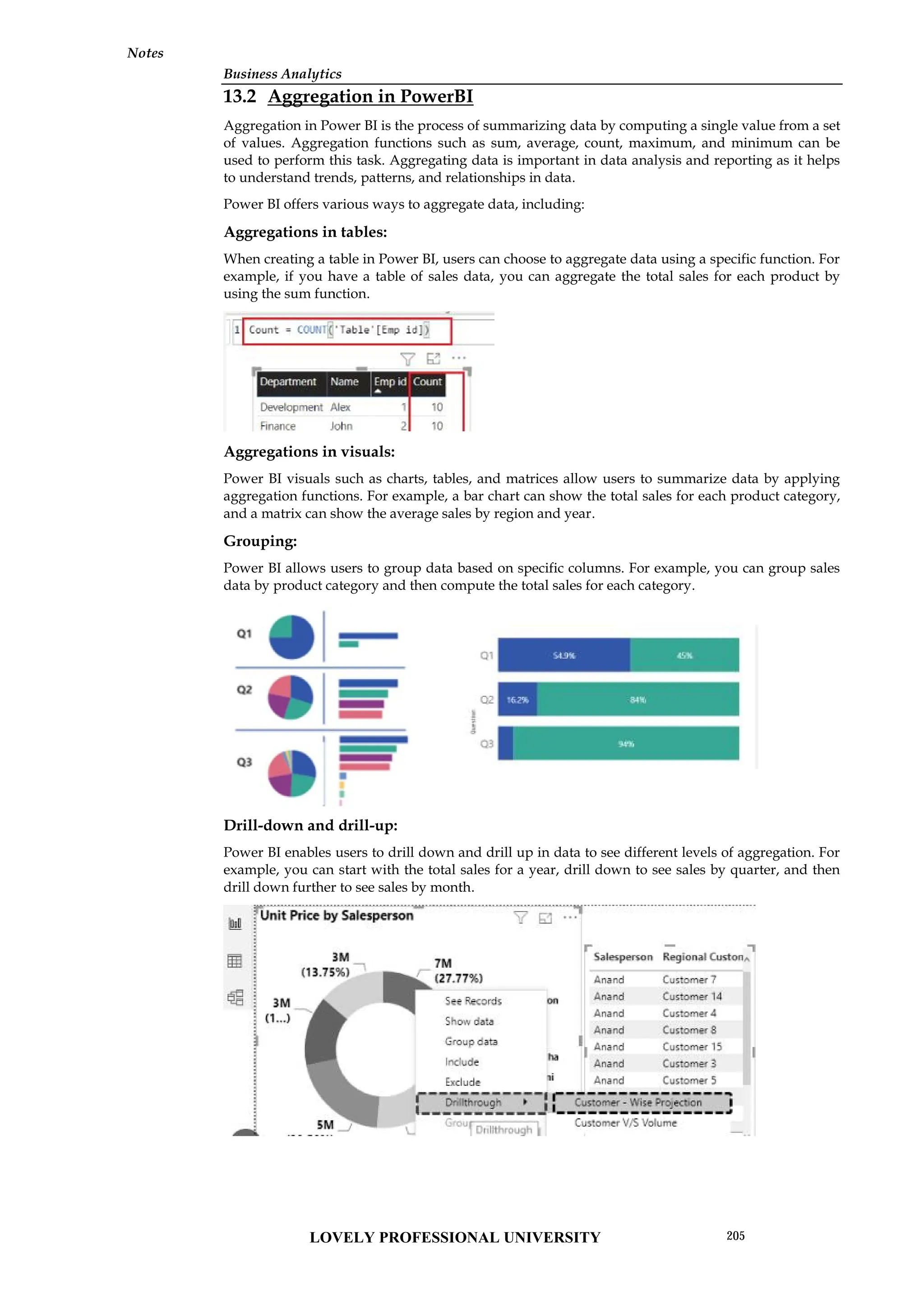 Business Analytics
Notes
13.2 Aggregation in PowerBI
Aggregation in Power BI is the process of summarizing data by computing a single value from a set
of values. Aggregation functions such as sum, average, count, maximum, and minimum can be
used to perform this task. Aggregating data is important in data analysis and reporting as it helps
to understand trends, patterns, and relationships in data.
Power BI offers various ways to aggregate data, including:
Aggregations in tables:
When creating a table in Power BI, users can choose to aggregate data using a specific function. For
example, if you have a table of sales data, you can aggregate the total sales for each product by
using the sum function.
Aggregations in visuals:
Power BI visuals such as charts, tables, and matrices allow users to summarize data by applying
aggregation functions. For example, a bar chart can show the total sales for each product category,
and a matrix can show the average sales by region and year.
Grouping:
Power BI allows users to group data based on specific columns. For example, you can group sales
data by product category and then compute the total sales for each category.
Drill-down and drill-up:
Power BI enables users to drill down and drill up in data to see different levels of aggregation. For
example, you can start with the total sales for a year, drill down to see sales by quarter, and then
drill down further to see sales by month.
Business Analytics
Notes
13.2 Aggregation in PowerBI
Aggregation in Power BI is the process of summarizing data by computing a single value from a set
of values. Aggregation functions such as sum, average, count, maximum, and minimum can be
used to perform this task. Aggregating data is important in data analysis and reporting as it helps
to understand trends, patterns, and relationships in data.
Power BI offers various ways to aggregate data, including:
Aggregations in tables:
When creating a table in Power BI, users can choose to aggregate data using a specific function. For
example, if you have a table of sales data, you can aggregate the total sales for each product by
using the sum function.
Aggregations in visuals:
Power BI visuals such as charts, tables, and matrices allow users to summarize data by applying
aggregation functions. For example, a bar chart can show the total sales for each product category,
and a matrix can show the average sales by region and year.
Grouping:
Power BI allows users to group data based on specific columns. For example, you can group sales
data by product category and then compute the total sales for each category.
Drill-down and drill-up:
Power BI enables users to drill down and drill up in data to see different levels of aggregation. For
example, you can start with the total sales for a year, drill down to see sales by quarter, and then
drill down further to see sales by month.
Business Analytics
Notes
13.2 Aggregation in PowerBI
Aggregation in Power BI is the process of summarizing data by computing a single value from a set
of values. Aggregation functions such as sum, average, count, maximum, and minimum can be
used to perform this task. Aggregating data is important in data analysis and reporting as it helps
to understand trends, patterns, and relationships in data.
Power BI offers various ways to aggregate data, including:
Aggregations in tables:
When creating a table in Power BI, users can choose to aggregate data using a specific function. For
example, if you have a table of sales data, you can aggregate the total sales for each product by
using the sum function.
Aggregations in visuals:
Power BI visuals such as charts, tables, and matrices allow users to summarize data by applying
aggregation functions. For example, a bar chart can show the total sales for each product category,
and a matrix can show the average sales by region and year.
Grouping:
Power BI allows users to group data based on specific columns. For example, you can group sales
data by product category and then compute the total sales for each category.
Drill-down and drill-up:
Power BI enables users to drill down and drill up in data to see different levels of aggregation. For
example, you can start with the total sales for a year, drill down to see sales by quarter, and then
drill down further to see sales by month.
LOVELY PROFESSIONAL UNIVERSITY 205
 