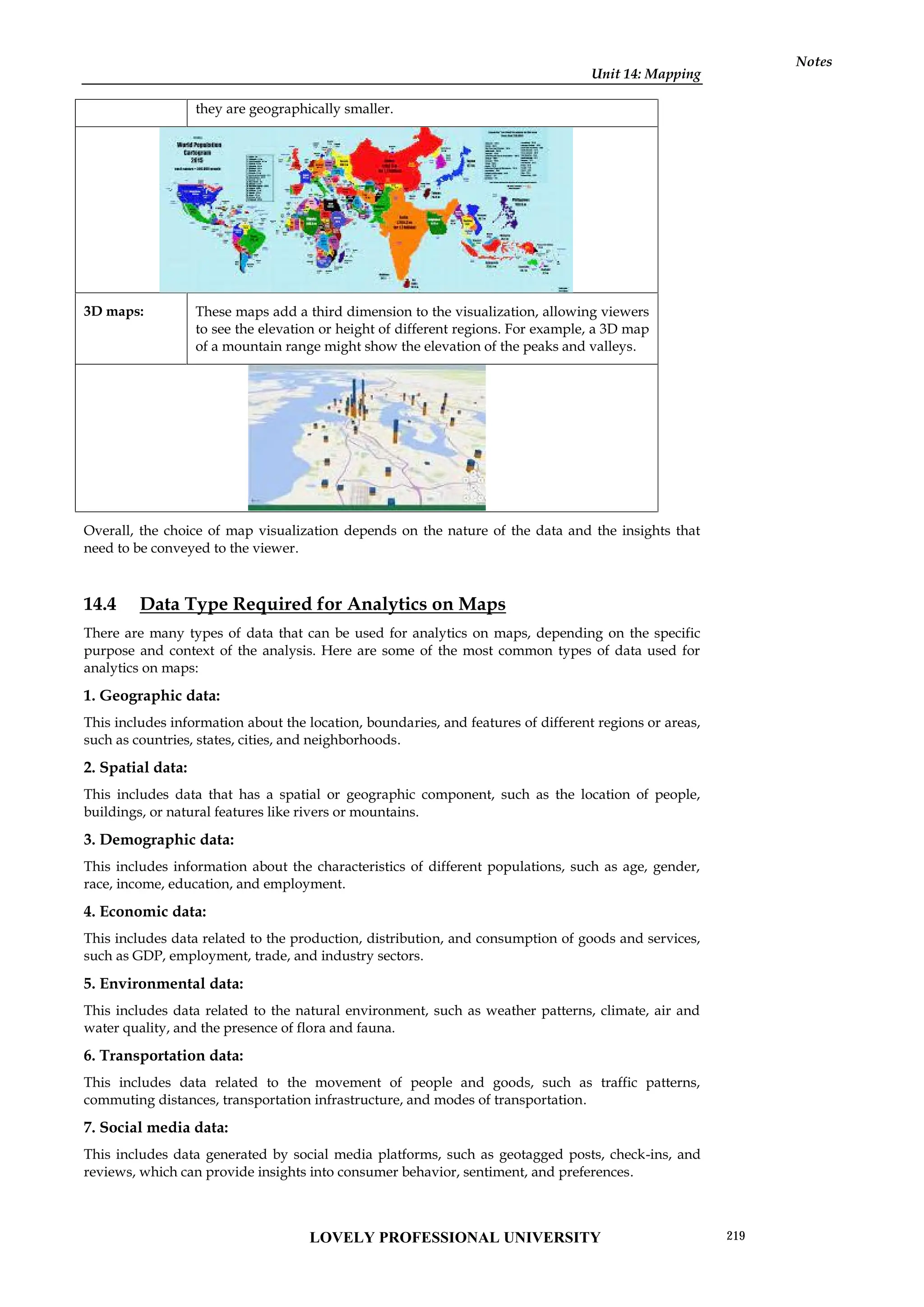 Unit 14: Mapping
Notes
they are geographically smaller.
3D maps: These maps add a third dimension to the visualization, allowing viewers
to see the elevation or height of different regions. For example, a 3D map
of a mountain range might show the elevation of the peaks and valleys.
Overall, the choice of map visualization depends on the nature of the data and the insights that
need to be conveyed to the viewer.
14.4 Data Type Required for Analytics on Maps
There are many types of data that can be used for analytics on maps, depending on the specific
purpose and context of the analysis. Here are some of the most common types of data used for
analytics on maps:
1. Geographic data:
This includes information about the location, boundaries, and features of different regions or areas,
such as countries, states, cities, and neighborhoods.
2. Spatial data:
This includes data that has a spatial or geographic component, such as the location of people,
buildings, or natural features like rivers or mountains.
3. Demographic data:
This includes information about the characteristics of different populations, such as age, gender,
race, income, education, and employment.
4. Economic data:
This includes data related to the production, distribution, and consumption of goods and services,
such as GDP, employment, trade, and industry sectors.
5. Environmental data:
This includes data related to the natural environment, such as weather patterns, climate, air and
water quality, and the presence of flora and fauna.
6. Transportation data:
This includes data related to the movement of people and goods, such as traffic patterns,
commuting distances, transportation infrastructure, and modes of transportation.
7. Social media data:
This includes data generated by social media platforms, such as geotagged posts, check-ins, and
reviews, which can provide insights into consumer behavior, sentiment, and preferences.
LOVELY PROFESSIONAL UNIVERSITY 219
 