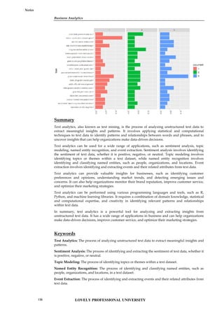 Business Analytics
Notes
Summary
Text analytics, also known as text mining, is the process of analyzing unstructured text data to
extract meaningful insights and patterns. It involves applying statistical and computational
techniques to text data to identify patterns and relationships between words and phrases, and to
uncover insights that can help organizations make data-driven decisions.
Text analytics can be used for a wide range of applications, such as sentiment analysis, topic
modeling, named entity recognition, and event extraction. Sentiment analysis involves identifying
the sentiment of text data, whether it is positive, negative, or neutral. Topic modeling involves
identifying topics or themes within a text dataset, while named entity recognition involves
identifying and classifying named entities, such as people, organizations, and locations. Event
extraction involves identifying and extracting events and their related attributes from text data.
Text analytics can provide valuable insights for businesses, such as identifying customer
preferences and opinions, understanding market trends, and detecting emerging issues and
concerns. It can also help organizations monitor their brand reputation, improve customer service,
and optimize their marketing strategies.
Text analytics can be performed using various programming languages and tools, such as R,
Python, and machine learning libraries. It requires a combination of domain knowledge, statistical
and computational expertise, and creativity in identifying relevant patterns and relationships
within text data.
In summary, text analytics is a powerful tool for analyzing and extracting insights from
unstructured text data. It has a wide range of applications in business and can help organizations
make data-driven decisions, improve customer service, and optimize their marketing strategies.
Keywords
Text Analytics: The process of analyzing unstructured text data to extract meaningful insights and
patterns.
Sentiment Analysis: The process of identifying and extracting the sentiment of text data, whether it
is positive, negative, or neutral.
Topic Modeling: The process of identifying topics or themes within a text dataset.
Named Entity Recognition: The process of identifying and classifying named entities, such as
people, organizations, and locations, in a text dataset.
Event Extraction: The process of identifying and extracting events and their related attributes from
text data.
Business Analytics
Notes
Summary
Text analytics, also known as text mining, is the process of analyzing unstructured text data to
extract meaningful insights and patterns. It involves applying statistical and computational
techniques to text data to identify patterns and relationships between words and phrases, and to
uncover insights that can help organizations make data-driven decisions.
Text analytics can be used for a wide range of applications, such as sentiment analysis, topic
modeling, named entity recognition, and event extraction. Sentiment analysis involves identifying
the sentiment of text data, whether it is positive, negative, or neutral. Topic modeling involves
identifying topics or themes within a text dataset, while named entity recognition involves
identifying and classifying named entities, such as people, organizations, and locations. Event
extraction involves identifying and extracting events and their related attributes from text data.
Text analytics can provide valuable insights for businesses, such as identifying customer
preferences and opinions, understanding market trends, and detecting emerging issues and
concerns. It can also help organizations monitor their brand reputation, improve customer service,
and optimize their marketing strategies.
Text analytics can be performed using various programming languages and tools, such as R,
Python, and machine learning libraries. It requires a combination of domain knowledge, statistical
and computational expertise, and creativity in identifying relevant patterns and relationships
within text data.
In summary, text analytics is a powerful tool for analyzing and extracting insights from
unstructured text data. It has a wide range of applications in business and can help organizations
make data-driven decisions, improve customer service, and optimize their marketing strategies.
Keywords
Text Analytics: The process of analyzing unstructured text data to extract meaningful insights and
patterns.
Sentiment Analysis: The process of identifying and extracting the sentiment of text data, whether it
is positive, negative, or neutral.
Topic Modeling: The process of identifying topics or themes within a text dataset.
Named Entity Recognition: The process of identifying and classifying named entities, such as
people, organizations, and locations, in a text dataset.
Event Extraction: The process of identifying and extracting events and their related attributes from
text data.
Business Analytics
Notes
Summary
Text analytics, also known as text mining, is the process of analyzing unstructured text data to
extract meaningful insights and patterns. It involves applying statistical and computational
techniques to text data to identify patterns and relationships between words and phrases, and to
uncover insights that can help organizations make data-driven decisions.
Text analytics can be used for a wide range of applications, such as sentiment analysis, topic
modeling, named entity recognition, and event extraction. Sentiment analysis involves identifying
the sentiment of text data, whether it is positive, negative, or neutral. Topic modeling involves
identifying topics or themes within a text dataset, while named entity recognition involves
identifying and classifying named entities, such as people, organizations, and locations. Event
extraction involves identifying and extracting events and their related attributes from text data.
Text analytics can provide valuable insights for businesses, such as identifying customer
preferences and opinions, understanding market trends, and detecting emerging issues and
concerns. It can also help organizations monitor their brand reputation, improve customer service,
and optimize their marketing strategies.
Text analytics can be performed using various programming languages and tools, such as R,
Python, and machine learning libraries. It requires a combination of domain knowledge, statistical
and computational expertise, and creativity in identifying relevant patterns and relationships
within text data.
In summary, text analytics is a powerful tool for analyzing and extracting insights from
unstructured text data. It has a wide range of applications in business and can help organizations
make data-driven decisions, improve customer service, and optimize their marketing strategies.
Keywords
Text Analytics: The process of analyzing unstructured text data to extract meaningful insights and
patterns.
Sentiment Analysis: The process of identifying and extracting the sentiment of text data, whether it
is positive, negative, or neutral.
Topic Modeling: The process of identifying topics or themes within a text dataset.
Named Entity Recognition: The process of identifying and classifying named entities, such as
people, organizations, and locations, in a text dataset.
Event Extraction: The process of identifying and extracting events and their related attributes from
text data.
LOVELY PROFESSIONAL UNIVERSITY
136
 