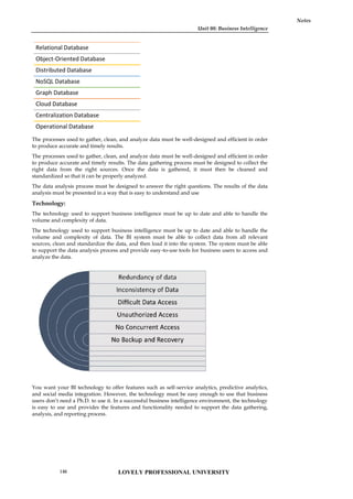 Unit 08: Business Intelligence
Notes
The processes used to gather, clean, and analyze data must be well-designed and efficient in order
to produce accurate and timely results.
The processes used to gather, clean, and analyze data must be well-designed and efficient in order
to produce accurate and timely results. The data gathering process must be designed to collect the
right data from the right sources. Once the data is gathered, it must then be cleaned and
standardized so that it can be properly analyzed.
The data analysis process must be designed to answer the right questions. The results of the data
analysis must be presented in a way that is easy to understand and use
Technology:
The technology used to support business intelligence must be up to date and able to handle the
volume and complexity of data.
The technology used to support business intelligence must be up to date and able to handle the
volume and complexity of data. The BI system must be able to collect data from all relevant
sources, clean and standardize the data, and then load it into the system. The system must be able
to support the data analysis process and provide easy-to-use tools for business users to access and
analyze the data.
You want your BI technology to offer features such as self-service analytics, predictive analytics,
and social media integration. However, the technology must be easy enough to use that business
users don’t need a Ph.D. to use it. In a successful business intelligence environment, the technology
is easy to use and provides the features and functionality needed to support the data gathering,
analysis, and reporting process.
Relational Database
Object-Oriented Database
Distributed Database
NoSQL Database
Graph Database
Cloud Database
Centralization Database
Operational Database
Unit 08: Business Intelligence
Notes
The processes used to gather, clean, and analyze data must be well-designed and efficient in order
to produce accurate and timely results.
The processes used to gather, clean, and analyze data must be well-designed and efficient in order
to produce accurate and timely results. The data gathering process must be designed to collect the
right data from the right sources. Once the data is gathered, it must then be cleaned and
standardized so that it can be properly analyzed.
The data analysis process must be designed to answer the right questions. The results of the data
analysis must be presented in a way that is easy to understand and use
Technology:
The technology used to support business intelligence must be up to date and able to handle the
volume and complexity of data.
The technology used to support business intelligence must be up to date and able to handle the
volume and complexity of data. The BI system must be able to collect data from all relevant
sources, clean and standardize the data, and then load it into the system. The system must be able
to support the data analysis process and provide easy-to-use tools for business users to access and
analyze the data.
You want your BI technology to offer features such as self-service analytics, predictive analytics,
and social media integration. However, the technology must be easy enough to use that business
users don’t need a Ph.D. to use it. In a successful business intelligence environment, the technology
is easy to use and provides the features and functionality needed to support the data gathering,
analysis, and reporting process.
Unit 08: Business Intelligence
Notes
The processes used to gather, clean, and analyze data must be well-designed and efficient in order
to produce accurate and timely results.
The processes used to gather, clean, and analyze data must be well-designed and efficient in order
to produce accurate and timely results. The data gathering process must be designed to collect the
right data from the right sources. Once the data is gathered, it must then be cleaned and
standardized so that it can be properly analyzed.
The data analysis process must be designed to answer the right questions. The results of the data
analysis must be presented in a way that is easy to understand and use
Technology:
The technology used to support business intelligence must be up to date and able to handle the
volume and complexity of data.
The technology used to support business intelligence must be up to date and able to handle the
volume and complexity of data. The BI system must be able to collect data from all relevant
sources, clean and standardize the data, and then load it into the system. The system must be able
to support the data analysis process and provide easy-to-use tools for business users to access and
analyze the data.
You want your BI technology to offer features such as self-service analytics, predictive analytics,
and social media integration. However, the technology must be easy enough to use that business
users don’t need a Ph.D. to use it. In a successful business intelligence environment, the technology
is easy to use and provides the features and functionality needed to support the data gathering,
analysis, and reporting process.
LOVELY PROFESSIONAL UNIVERSITY
146
 