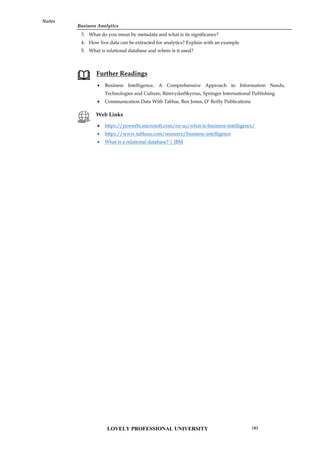 Business Analytics
Notes
3. What do you mean by metadata and what is its significance?
4. How live data can be extracted for analytics? Explain with an example
5. What is relational database and where is it used?
Further Readings
 Business Intelligence, A Comprehensive Approach to Information Needs,
Technologies and Culture, RimvydasSkyrius, Springer International Publishing
 Communication Data With Tablue, Ben Jones, O’ Reilly Publications
Web Links
 https://powerbi.microsoft.com/en-us/what-is-business-intelligence/
 https://www.tableau.com/resource/business-intelligence
 What is a relational database? | IBM
Business Analytics
Notes
3. What do you mean by metadata and what is its significance?
4. How live data can be extracted for analytics? Explain with an example
5. What is relational database and where is it used?
Further Readings
 Business Intelligence, A Comprehensive Approach to Information Needs,
Technologies and Culture, RimvydasSkyrius, Springer International Publishing
 Communication Data With Tablue, Ben Jones, O’ Reilly Publications
Web Links
 https://powerbi.microsoft.com/en-us/what-is-business-intelligence/
 https://www.tableau.com/resource/business-intelligence
 What is a relational database? | IBM
Business Analytics
Notes
3. What do you mean by metadata and what is its significance?
4. How live data can be extracted for analytics? Explain with an example
5. What is relational database and where is it used?
Further Readings
 Business Intelligence, A Comprehensive Approach to Information Needs,
Technologies and Culture, RimvydasSkyrius, Springer International Publishing
 Communication Data With Tablue, Ben Jones, O’ Reilly Publications
Web Links
 https://powerbi.microsoft.com/en-us/what-is-business-intelligence/
 https://www.tableau.com/resource/business-intelligence
 What is a relational database? | IBM
LOVELY PROFESSIONAL UNIVERSITY 183
 