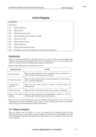 Unit 14: Mapping
Notes
Unit 14: Mapping
CONTENTS
Introduction
14.1 Maps in Analytics
14.2 Maps History
14.3 Maps Visualization types
14.4 Data Type Required for Analytics on Maps
14.5 Maps in Power BI
14.6 Maps in Power Tableau
14.7 Maps in MS Excel:
14.8 Editing Unrecognized Locations
14.9 Handling Locations Unrecognizable by Visualization Applications
Introduction
Maps are visual representations of the earth's surface or a part of it. They are used to help people
navigate, locate places, and understand the physical and political features of an area. Maps can be
made in a variety of formats, including paper, digital, and interactive.
Maps can show different types of information, such as:
Information type Details
Physical features
Maps can show landforms such as mountains, rivers, and deserts, as
well as bodies of water like oceans and lakes.
Political boundaries
Maps can show national, state, and local boundaries, as well as cities,
towns, and other settlements.
Transportation
networks
Maps can show roads, railways, airports, and other means of
transportation.
Natural resources Maps can show the location of resources like oil, gas, and minerals.
Climate and weather
patterns
Maps can show temperature and precipitation patterns, as well as
weather systems like hurricanes and tornadoes.
Maps have been used for thousands of years, and their development has been crucial for the
advancement of human civilization. Today, maps are used in many fields, such as navigation,
urban planning, environmental management, and business.
14.1 Maps in Analytics
Maps are widely used in analytics as a tool for visualizing and analyzing spatial data. By
overlaying data onto a map, analysts can gain insights into patterns and relationships that might
not be immediately apparent from tabular data alone. Here are some examples of how maps are
used in analytics:
LOVELY PROFESSIONAL UNIVERSITY 215
Dr. Mohd Imran Khan, Lovely Professional University
 