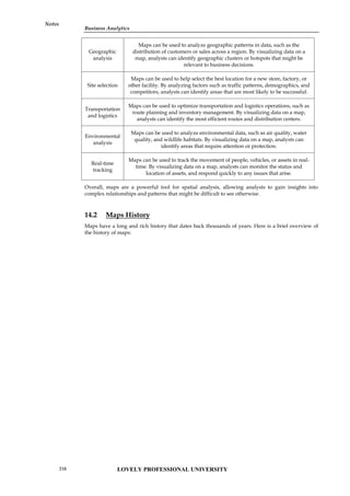 Business Analytics
Notes
Geographic
analysis
Maps can be used to analyze geographic patterns in data, such as the
distribution of customers or sales across a region. By visualizing data on a
map, analysts can identify geographic clusters or hotspots that might be
relevant to business decisions.
Site selection
Maps can be used to help select the best location for a new store, factory, or
other facility. By analyzing factors such as traffic patterns, demographics, and
competitors, analysts can identify areas that are most likely to be successful.
Transportation
and logistics
Maps can be used to optimize transportation and logistics operations, such as
route planning and inventory management. By visualizing data on a map,
analysts can identify the most efficient routes and distribution centers.
Environmental
analysis
Maps can be used to analyze environmental data, such as air quality, water
quality, and wildlife habitats. By visualizing data on a map, analysts can
identify areas that require attention or protection.
Real-time
tracking
Maps can be used to track the movement of people, vehicles, or assets in real-
time. By visualizing data on a map, analysts can monitor the status and
location of assets, and respond quickly to any issues that arise.
Overall, maps are a powerful tool for spatial analysis, allowing analysts to gain insights into
complex relationships and patterns that might be difficult to see otherwise.
14.2 Maps History
Maps have a long and rich history that dates back thousands of years. Here is a brief overview of
the history of maps:
LOVELY PROFESSIONAL UNIVERSITY
216
 