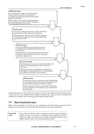 Unit 14: Mapping
Notes
Overall, the history of maps reflects the evolution of human knowledge and understanding of the
world around us. From simple sketches to high-tech digital maps, maps have been a crucial tool for
exploration, navigation, and communication throughout human history.
14.3 Maps Visualization types
Maps can be visualized in a variety of ways, depending on the data being represented and the
purpose of the map. Here are some of the most common types of maps visualizations:
Choropleth
maps:
These maps use different colors or shades to represent data for different
regions or areas. For example, a choropleth map of population density
might use darker colors for areas with higher population densities and
lighter colors for areas with lower population densities.
Prehistoric maps
The oldest known maps are from prehistoric
times, and were used by early humans to
navigate and communicate information about
their surroundings.
These maps were typically simple sketches of
the local landscape, and were often created by
carving images into rock or bone.
Ancient maps
The ancient civilizations of Greece, Rome, and China
produced some of the earliest surviving maps.
These maps were often created for military, religious,
or administrative purposes, and were typically made
on parchment or silk.
Medieval maps
During the Middle Ages, maps became more
sophisticated, with detailed illustrations and
annotations.
Mapmaking was often associated with the Church,
and many maps from this period were created to
illustrate religious texts.
Renaissance maps
The Renaissance was a time of great exploration and
discovery, and maps played a key role in these
endeavors.
During this period, cartographers developed new
techniques for mapmaking, such as using longitude
and latitude coordinates to plot locations.
Modern maps
In the 20th century, maps became more standardized
and accurate, thanks to advances in technology such
as aerial photography and satellite imaging.
Today, maps are used for a wide range of purposes,
from navigation to urban planning to environmental
management.
Unit 14: Mapping
Notes
Overall, the history of maps reflects the evolution of human knowledge and understanding of the
world around us. From simple sketches to high-tech digital maps, maps have been a crucial tool for
exploration, navigation, and communication throughout human history.
14.3 Maps Visualization types
Maps can be visualized in a variety of ways, depending on the data being represented and the
purpose of the map. Here are some of the most common types of maps visualizations:
Choropleth
maps:
These maps use different colors or shades to represent data for different
regions or areas. For example, a choropleth map of population density
might use darker colors for areas with higher population densities and
lighter colors for areas with lower population densities.
Prehistoric maps
The oldest known maps are from prehistoric
times, and were used by early humans to
navigate and communicate information about
their surroundings.
These maps were typically simple sketches of
the local landscape, and were often created by
carving images into rock or bone.
Ancient maps
The ancient civilizations of Greece, Rome, and China
produced some of the earliest surviving maps.
These maps were often created for military, religious,
or administrative purposes, and were typically made
on parchment or silk.
Medieval maps
During the Middle Ages, maps became more
sophisticated, with detailed illustrations and
annotations.
Mapmaking was often associated with the Church,
and many maps from this period were created to
illustrate religious texts.
Renaissance maps
The Renaissance was a time of great exploration and
discovery, and maps played a key role in these
endeavors.
During this period, cartographers developed new
techniques for mapmaking, such as using longitude
and latitude coordinates to plot locations.
Modern maps
In the 20th century, maps became more standardized
and accurate, thanks to advances in technology such
as aerial photography and satellite imaging.
Today, maps are used for a wide range of purposes,
from navigation to urban planning to environmental
management.
Unit 14: Mapping
Notes
Overall, the history of maps reflects the evolution of human knowledge and understanding of the
world around us. From simple sketches to high-tech digital maps, maps have been a crucial tool for
exploration, navigation, and communication throughout human history.
14.3 Maps Visualization types
Maps can be visualized in a variety of ways, depending on the data being represented and the
purpose of the map. Here are some of the most common types of maps visualizations:
Choropleth
maps:
These maps use different colors or shades to represent data for different
regions or areas. For example, a choropleth map of population density
might use darker colors for areas with higher population densities and
lighter colors for areas with lower population densities.
LOVELY PROFESSIONAL UNIVERSITY 217
 