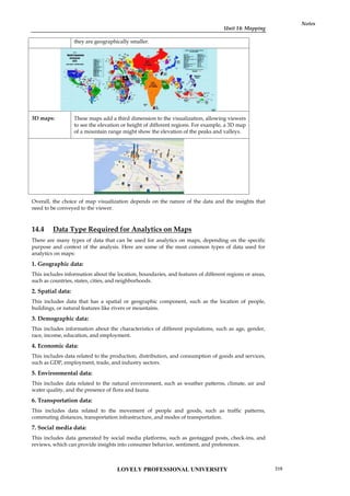 Unit 14: Mapping
Notes
they are geographically smaller.
3D maps: These maps add a third dimension to the visualization, allowing viewers
to see the elevation or height of different regions. For example, a 3D map
of a mountain range might show the elevation of the peaks and valleys.
Overall, the choice of map visualization depends on the nature of the data and the insights that
need to be conveyed to the viewer.
14.4 Data Type Required for Analytics on Maps
There are many types of data that can be used for analytics on maps, depending on the specific
purpose and context of the analysis. Here are some of the most common types of data used for
analytics on maps:
1. Geographic data:
This includes information about the location, boundaries, and features of different regions or areas,
such as countries, states, cities, and neighborhoods.
2. Spatial data:
This includes data that has a spatial or geographic component, such as the location of people,
buildings, or natural features like rivers or mountains.
3. Demographic data:
This includes information about the characteristics of different populations, such as age, gender,
race, income, education, and employment.
4. Economic data:
This includes data related to the production, distribution, and consumption of goods and services,
such as GDP, employment, trade, and industry sectors.
5. Environmental data:
This includes data related to the natural environment, such as weather patterns, climate, air and
water quality, and the presence of flora and fauna.
6. Transportation data:
This includes data related to the movement of people and goods, such as traffic patterns,
commuting distances, transportation infrastructure, and modes of transportation.
7. Social media data:
This includes data generated by social media platforms, such as geotagged posts, check-ins, and
reviews, which can provide insights into consumer behavior, sentiment, and preferences.
LOVELY PROFESSIONAL UNIVERSITY 219
 