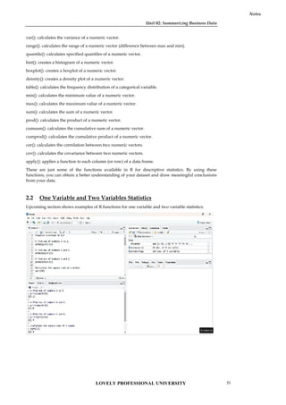 Unit 02: Summarizing Business Data
Notes
var(): calculates the variance of a numeric vector.
range(): calculates the range of a numeric vector (difference between max and min).
quantile(): calculates specified quantiles of a numeric vector.
hist(): creates a histogram of a numeric vector.
boxplot(): creates a boxplot of a numeric vector.
density(): creates a density plot of a numeric vector.
table(): calculates the frequency distribution of a categorical variable.
min(): calculates the minimum value of a numeric vector.
max(): calculates the maximum value of a numeric vector.
sum(): calculates the sum of a numeric vector.
prod(): calculates the product of a numeric vector.
cumsum(): calculates the cumulative sum of a numeric vector.
cumprod(): calculates the cumulative product of a numeric vector.
cor(): calculates the correlation between two numeric vectors.
cov(): calculates the covariance between two numeric vectors.
apply(): applies a function to each column (or row) of a data frame.
These are just some of the functions available in R for descriptive statistics. By using these
functions, you can obtain a better understanding of your dataset and draw meaningful conclusions
from your data.
2.2 One Variable and Two Variables Statistics
Upcoming section shows examples of R functions for one variable and two variable statistics:
Unit 02: Summarizing Business Data
Notes
var(): calculates the variance of a numeric vector.
range(): calculates the range of a numeric vector (difference between max and min).
quantile(): calculates specified quantiles of a numeric vector.
hist(): creates a histogram of a numeric vector.
boxplot(): creates a boxplot of a numeric vector.
density(): creates a density plot of a numeric vector.
table(): calculates the frequency distribution of a categorical variable.
min(): calculates the minimum value of a numeric vector.
max(): calculates the maximum value of a numeric vector.
sum(): calculates the sum of a numeric vector.
prod(): calculates the product of a numeric vector.
cumsum(): calculates the cumulative sum of a numeric vector.
cumprod(): calculates the cumulative product of a numeric vector.
cor(): calculates the correlation between two numeric vectors.
cov(): calculates the covariance between two numeric vectors.
apply(): applies a function to each column (or row) of a data frame.
These are just some of the functions available in R for descriptive statistics. By using these
functions, you can obtain a better understanding of your dataset and draw meaningful conclusions
from your data.
2.2 One Variable and Two Variables Statistics
Upcoming section shows examples of R functions for one variable and two variable statistics:
Unit 02: Summarizing Business Data
Notes
var(): calculates the variance of a numeric vector.
range(): calculates the range of a numeric vector (difference between max and min).
quantile(): calculates specified quantiles of a numeric vector.
hist(): creates a histogram of a numeric vector.
boxplot(): creates a boxplot of a numeric vector.
density(): creates a density plot of a numeric vector.
table(): calculates the frequency distribution of a categorical variable.
min(): calculates the minimum value of a numeric vector.
max(): calculates the maximum value of a numeric vector.
sum(): calculates the sum of a numeric vector.
prod(): calculates the product of a numeric vector.
cumsum(): calculates the cumulative sum of a numeric vector.
cumprod(): calculates the cumulative product of a numeric vector.
cor(): calculates the correlation between two numeric vectors.
cov(): calculates the covariance between two numeric vectors.
apply(): applies a function to each column (or row) of a data frame.
These are just some of the functions available in R for descriptive statistics. By using these
functions, you can obtain a better understanding of your dataset and draw meaningful conclusions
from your data.
2.2 One Variable and Two Variables Statistics
Upcoming section shows examples of R functions for one variable and two variable statistics:
LOVELY PROFESSIONAL UNIVERSITY 21
 