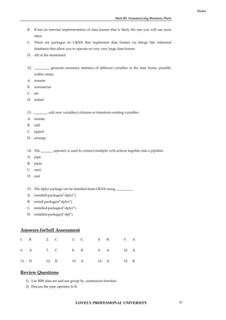 Unit 02: Summarizing Business Data
Notes
B. R has an internal implementation of data frames that is likely the one you will use most
often
C. There are packages on CRAN that implement data frames via things like relational
databases that allow you to operate on very very large data frames
D. All of the mentioned
12. _________ generate summary statistics of different variables in the data frame, possibly
within strata.
A. rename
B. summarize
C. set
D. subset
13. ________ add new variables/columns or transform existing variables.
A. mutate
B. add
C. apped
D. arrange
14. The _______ operator is used to connect multiple verb actions together into a pipeline.
A. pipe
B. piper
C. start
D. end
15. The dplyr package can be installed from CRAN using __________
A. installall.packages(“dplyr”)
B. install.packages(“dplyr”)
C. installed.packages(“dplyr”)
D. installed.packages(“dpl”)
Answers forSelf Assessment
l. B 2. C 3. C 4. B 5. A
6. A 7. C 8. B 9. A 10. A
11. D 12. B 13. A 14. A 15. B
Review Questions
1) Use IRIS data set and use group by, summarize function.
2) Discuss the pipe operator in R.
LOVELY PROFESSIONAL UNIVERSITY 37
 
