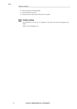 Business Analytics
Notes
3) Discuss functions of dplyr package.
4) List all inbuilt functios of R.
5) Develop function which return odd and even number.
Further reading
An Introduction to R" by W. N. Venables, D. M. Smith, and the R Development Core
Team
https://www.r-bloggers.com
Business Analytics
Notes
3) Discuss functions of dplyr package.
4) List all inbuilt functios of R.
5) Develop function which return odd and even number.
Further reading
An Introduction to R" by W. N. Venables, D. M. Smith, and the R Development Core
Team
https://www.r-bloggers.com
Business Analytics
Notes
3) Discuss functions of dplyr package.
4) List all inbuilt functios of R.
5) Develop function which return odd and even number.
Further reading
An Introduction to R" by W. N. Venables, D. M. Smith, and the R Development Core
Team
https://www.r-bloggers.com
LOVELY PROFESSIONAL UNIVERSITY
38
 