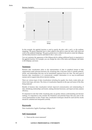 Business Analytics
Notes
In this example, the ggplot() function is used to specify the plot, with x and y as the aesthetic
mappings. The geom_segment() layer is then added to the plot to create the stick, with xend and
yend as the endpoint mappings. The geom_point() layer is added to the plot to create the lollipops,
and the labs() function is used to add labels to the x- and y-axes.
You can customize the appearance of the lollipop plot by adding additional layers or arguments to
the ggplot() function. For example, you can change the color of the sticks and lollipops, add labels
to the lollipops, and more.
Summary
Business data visualization refers to the representation of data in graphical format to help
organizations make informed decisions. By visualizing data, it becomes easier to identify patterns,
trends, and relationships that may not be immediately apparent from raw data. The main goal of
business data visualization is to communicate complex information in an easy-to-understand
manner and to support data-driven decision making.
There are various types of data visualizations including bar graphs, line charts, scatter plots, pie
charts, heat maps, and more. The choice of visualization depends on the type and nature of the data
being analyzed.
Benefits of business data visualization include improved communication and understanding of
data, identifying relationships and trends, making informed decisions, and improved data analysis
efficiency.
It's important to note that while visualizing data can greatly enhance understanding and decision
making, it is important to also consider the limitations and potential biases that may arise in the
visual representation of data. Proper data visualization techniques should be used and the results
should be validated and interpreted carefully.
Keywords
Data visualization, Ggplot, R packages, lollipop chart
Self Assessment
1. Point out the correct statement?
0
1
2
3
Group 1 Group 2 Group 3
Group
Value
LOVELY PROFESSIONAL UNIVERSITY
60
 