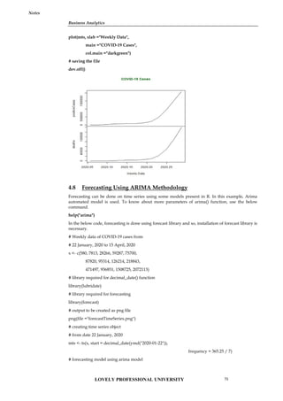 Business Analytics
Notes
plot(mts, xlab ="Weekly Data",
main ="COVID-19 Cases",
col.main ="darkgreen")
# saving the file
dev.off()
4.8 Forecasting Using ARIMA Methodology
Forecasting can be done on time series using some models present in R. In this example, Arima
automated model is used. To know about more parameters of arima() function, use the below
command.
help("arima")
In the below code, forecasting is done using forecast library and so, installation of forecast library is
necessary.
# Weekly data of COVID-19 cases from
# 22 January, 2020 to 15 April, 2020
x <- c(580, 7813, 28266, 59287, 75700,
87820, 95314, 126214, 218843,
471497, 936851, 1508725, 2072113)
# library required for decimal_date() function
library(lubridate)
# library required for forecasting
library(forecast)
# output to be created as png file
png(file ="forecastTimeSeries.png")
# creating time series object
# from date 22 January, 2020
mts <- ts(x, start = decimal_date(ymd("2020-01-22")),
frequency = 365.25 / 7)
# forecasting model using arima model
Business Analytics
Notes
plot(mts, xlab ="Weekly Data",
main ="COVID-19 Cases",
col.main ="darkgreen")
# saving the file
dev.off()
4.8 Forecasting Using ARIMA Methodology
Forecasting can be done on time series using some models present in R. In this example, Arima
automated model is used. To know about more parameters of arima() function, use the below
command.
help("arima")
In the below code, forecasting is done using forecast library and so, installation of forecast library is
necessary.
# Weekly data of COVID-19 cases from
# 22 January, 2020 to 15 April, 2020
x <- c(580, 7813, 28266, 59287, 75700,
87820, 95314, 126214, 218843,
471497, 936851, 1508725, 2072113)
# library required for decimal_date() function
library(lubridate)
# library required for forecasting
library(forecast)
# output to be created as png file
png(file ="forecastTimeSeries.png")
# creating time series object
# from date 22 January, 2020
mts <- ts(x, start = decimal_date(ymd("2020-01-22")),
frequency = 365.25 / 7)
# forecasting model using arima model
Business Analytics
Notes
plot(mts, xlab ="Weekly Data",
main ="COVID-19 Cases",
col.main ="darkgreen")
# saving the file
dev.off()
4.8 Forecasting Using ARIMA Methodology
Forecasting can be done on time series using some models present in R. In this example, Arima
automated model is used. To know about more parameters of arima() function, use the below
command.
help("arima")
In the below code, forecasting is done using forecast library and so, installation of forecast library is
necessary.
# Weekly data of COVID-19 cases from
# 22 January, 2020 to 15 April, 2020
x <- c(580, 7813, 28266, 59287, 75700,
87820, 95314, 126214, 218843,
471497, 936851, 1508725, 2072113)
# library required for decimal_date() function
library(lubridate)
# library required for forecasting
library(forecast)
# output to be created as png file
png(file ="forecastTimeSeries.png")
# creating time series object
# from date 22 January, 2020
mts <- ts(x, start = decimal_date(ymd("2020-01-22")),
frequency = 365.25 / 7)
# forecasting model using arima model
LOVELY PROFESSIONAL UNIVERSITY 75
 
