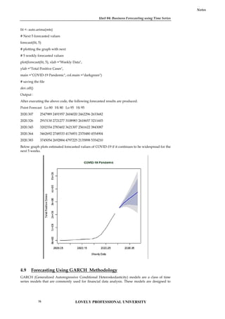 Unit 04: Business Forecasting using Time Series
Notes
fit <- auto.arima(mts)
# Next 5 forecasted values
forecast(fit, 5)
# plotting the graph with next
# 5 weekly forecasted values
plot(forecast(fit, 5), xlab ="Weekly Data",
ylab ="Total Positive Cases",
main ="COVID-19 Pandemic", col.main ="darkgreen")
# saving the file
dev.off()
Output :
After executing the above code, the following forecasted results are produced.
Point Forecast Lo 80 Hi 80 Lo 95 Hi 95
2020.307 2547989 2491957 2604020 2462296 2633682
2020.326 2915130 2721277 3108983 2618657 3211603
2020.345 3202354 2783402 3621307 2561622 3843087
2020.364 3462692 2748533 4176851 2370480 4554904
2020.383 3745054 2692884 4797225 2135898 5354210
Below graph plots estimated forecasted values of COVID-19 if it continues to be widespread for the
next 5 weeks.
4.9 Forecasting Using GARCH Methodology
GARCH (Generalized Autoregressive Conditional Heteroskedasticity) models are a class of time
series models that are commonly used for financial data analysis. These models are designed to
Unit 04: Business Forecasting using Time Series
Notes
fit <- auto.arima(mts)
# Next 5 forecasted values
forecast(fit, 5)
# plotting the graph with next
# 5 weekly forecasted values
plot(forecast(fit, 5), xlab ="Weekly Data",
ylab ="Total Positive Cases",
main ="COVID-19 Pandemic", col.main ="darkgreen")
# saving the file
dev.off()
Output :
After executing the above code, the following forecasted results are produced.
Point Forecast Lo 80 Hi 80 Lo 95 Hi 95
2020.307 2547989 2491957 2604020 2462296 2633682
2020.326 2915130 2721277 3108983 2618657 3211603
2020.345 3202354 2783402 3621307 2561622 3843087
2020.364 3462692 2748533 4176851 2370480 4554904
2020.383 3745054 2692884 4797225 2135898 5354210
Below graph plots estimated forecasted values of COVID-19 if it continues to be widespread for the
next 5 weeks.
4.9 Forecasting Using GARCH Methodology
GARCH (Generalized Autoregressive Conditional Heteroskedasticity) models are a class of time
series models that are commonly used for financial data analysis. These models are designed to
Unit 04: Business Forecasting using Time Series
Notes
fit <- auto.arima(mts)
# Next 5 forecasted values
forecast(fit, 5)
# plotting the graph with next
# 5 weekly forecasted values
plot(forecast(fit, 5), xlab ="Weekly Data",
ylab ="Total Positive Cases",
main ="COVID-19 Pandemic", col.main ="darkgreen")
# saving the file
dev.off()
Output :
After executing the above code, the following forecasted results are produced.
Point Forecast Lo 80 Hi 80 Lo 95 Hi 95
2020.307 2547989 2491957 2604020 2462296 2633682
2020.326 2915130 2721277 3108983 2618657 3211603
2020.345 3202354 2783402 3621307 2561622 3843087
2020.364 3462692 2748533 4176851 2370480 4554904
2020.383 3745054 2692884 4797225 2135898 5354210
Below graph plots estimated forecasted values of COVID-19 if it continues to be widespread for the
next 5 weeks.
4.9 Forecasting Using GARCH Methodology
GARCH (Generalized Autoregressive Conditional Heteroskedasticity) models are a class of time
series models that are commonly used for financial data analysis. These models are designed to
LOVELY PROFESSIONAL UNIVERSITY
76
 