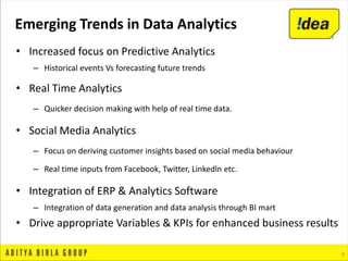 • Increased focus on Predictive Analytics
– Historical events Vs forecasting future trends
• Real Time Analytics
– Quicker decision making with help of real time data.
• Social Media Analytics
– Focus on deriving customer insights based on social media behaviour
– Real time inputs from Facebook, Twitter, Linkedln etc.
• Integration of ERP & Analytics Software
– Integration of data generation and data analysis through BI mart
• Drive appropriate Variables & KPIs for enhanced business results
9
Emerging Trends in Data Analytics
 