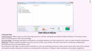 Copyright © 2023 Jayanti Rajdevendra Pande. All rights reserved.
START PAGE OF TABLEAU
3 Discover Pane:
Training Section: Offers access to online learning resources, tutorials, and guides provided by Tableau Software. This section assists
users in enhancing their skills and knowledge.
Viz of the Week: Showcases exemplary visualizations, providing inspiration and best practices for users to create impactful dashboards.
Resources: Contains additional helpful resources such as articles, case studies, and community forums, fostering a collaborative
learning environment among Tableau users.
By utilizing the Start Page's intuitive layout and features, users can seamlessly connect to data, access recent work, learn from samples,
and explore valuable educational resources, enhancing their proficiency in Tableau's data visualization and analysis capabilities.
 