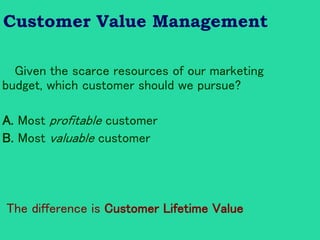 Given the scarce resources of our marketing budget, which customer should we pursue? 
A. Most profitable customer 
B. Most valuable customer 
The difference is Customer Lifetime Value 
Customer Value Management  