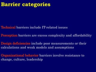 Technical barriers include IT-related issues 
Perception barriers are excess complexity and affordability 
Design deficiencies include poor measurements or their calculations and weak models and assumptions 
Organizational behavior barriers involve resistance to change, culture, leadership 
Barrier categories 
 