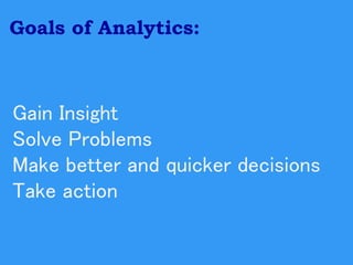 Goals of Analytics: 
Gain Insight 
Solve Problems 
Make better and quicker decisions 
Take action  