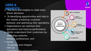 USES &
BENEFITS
The tools and insights to make data-
driven decisions.
To identifying opportunities and risks in
the market, predicting customer
behavior, and optimizing their operations.
Organizations can optimize their
operations and improve performance.
Better understand their customers by
analyzing customer
behavior, preferences, and
trends.
To identify and mitigate
risks by
SAPALOGY
 