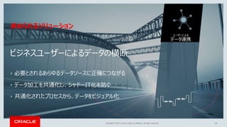Copyright © 2017, Oracle and/or its affiliates. All rights reserved. 10
ユーザーによる
データ連携
求められるソリューション
ビジネスユーザーによるデータの横断
必要とされるあらゆるデータソースに正確につながる
データ加工を共通化し、シャドーIT化を防ぐ
共通化されたプロセスから、データをビジュアル化
 