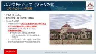 Copyright © 2017, Oracle and/or its affiliates. All rights reserved.Copyright © 2017, Oracle and/or its affiliates. All rights reserved.
バルドスタ州立大学（ジョージア州）
リテンションレートの改善
• 学生数：11500人
• 目的：リテンション（在学率）の向上
• Oracle導入効果
– 学生数11500人のリテンション率を66%から70%へ向上
– リテンションに関わるコストを200万ドル削減
– 迅速な業績ダッシュボードやレポートを作成し
生産性を500%向上。
• 予算配布のために必要な主な業績指標
– 入学、単位取得状況、学生毎の進捗管理、
中退状況
– エンドユーザーが独自にレポート作成し、情報を取得
– IT部門における戦略的大学IRに向けた情報活用
26
 