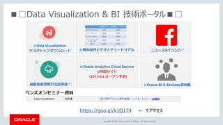 Copyright © 2017, Oracle and/or its affiliates. All rights reserved.
■□Data Visualization & BI 技術ポータル■□
https://goo.gl/k1Q174 ⇐ でアクセス
 