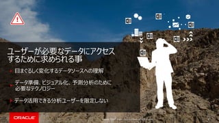 Copyright © 2017, Oracle and/or its affiliates. All rights reserved.
ユーザーが必要なデータにアクセス
するために求められる事
目まぐるしく変化するデータソースへの理解
データ活用できる分析ユーザーを限定しない
データ準備、ビジュアル化、予測分析のために
必要なテクノロジー
8
 