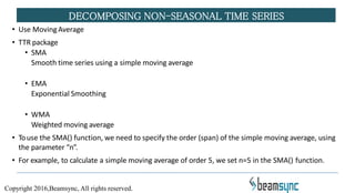 • Use MovingAverage
• TTR package
• SMA
Smooth time series using a simple moving average
• EMA
Exponential Smoothing
• WMA
Weighted moving average
• Touse the SMA() function, we need to specify the order (span) of the simple moving average, using
the parameter “n”.
• For example, to calculate a simple moving average of order 5, we set n=5 in the SMA() function.
DECOMPOSING NON-SEASONAL TIME SERIES
Copyright 2016,Beamsync, All rights reserved.
 