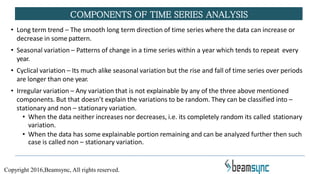 • Long term trend – The smooth long term direction of time series where the data can increase or
decrease in some pattern.
• Seasonal variation – Patterns of change in a time series within a year which tends to repeat every
year.
• Cyclical variation – Its much alike seasonal variation but the rise and fall of time series over periods
are longer than one year.
• Irregular variation – Any variation that is not explainable by any of the three above mentioned
components. But that doesn’t explain the variations to be random. They can be classified into –
stationary and non – stationary variation.
• When the data neither increases nor decreases, i.e. its completely random its called stationary
variation.
• When the data has some explainable portion remaining and can be analyzed further then such
case is called non – stationary variation.
COMPONENTS OF TIME SERIES ANALYSIS
Copyright 2016,Beamsync, All rights reserved.
 