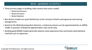 • Three primary stages in building a Box-Jenkins time series model:
• Model Identification
• Model Estimation
• Model Validation
• Box-Jenkins models are quite flexible due to the inclusion of both autoregressive and moving
average terms.
• Based on the Wold decomposition theorem, a stationary process can be approximated by an ARMA
model. In practice, finding that approximation may not be easy.
• Building good ARIMA models generally requires more experience than commonly used statistical
methods such as regression.
BOX –JENKINS (CONTD.)
Copyright 2016,Beamsync, All rights reserved.
 