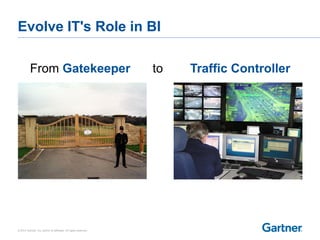 © 2014 Gartner, Inc. and/or its affiliates. All rights reserved.
Evolve IT's Role in BI
From Gatekeeper Traffic Controllerto
 