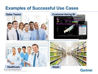© 2014 Gartner, Inc. and/or its affiliates. All rights reserved.
Examples of Successful Use Cases
Sales Teams Customer-facing BI
Healthcare Retail
Source: MicroStrategy/Novation
 