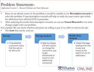 Problem Statement–
Application Exercise 1 – Research Methods and Tools (Optional)
• Since we are already aware of the problem, it would be suitable to use Descriptive research to
solve this problem. Using desrcriptive research will help to study the exact extent upto which
the adblockers have affected GYF in particular.
• After analyzing the results from descriptive research, we can use Causal Research to see what
changes might solve our problem.
For example: We can check whether customers are willing to pay if we offer to remove the ads.
• The tools that can be used are:
Surveys
• Find whether
customers really
find the ads to
be obtrusive
Pricing Analysis
• Help to choose
the best option
I.e charge the
consumers, pay
to get
whitelisted or
invest in anti-
adblocking
companies
Mobile Data
Analysis
• Check the page
loading time due
to ads and
measure the
extent of use of
adblockers.
 